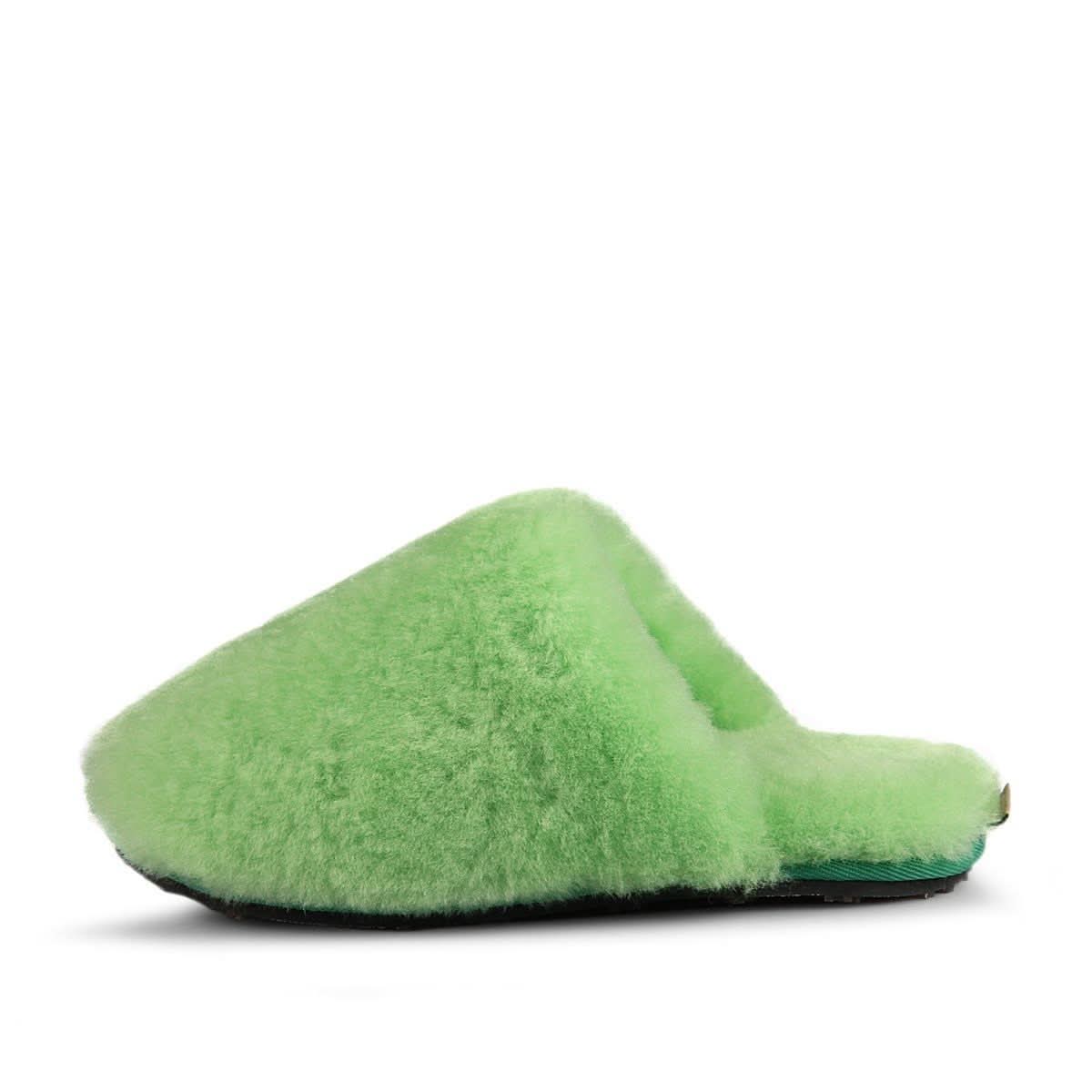 Green sheepskin slipper with fluffy wool upper, side view on white background. - Yellow Earth Australia