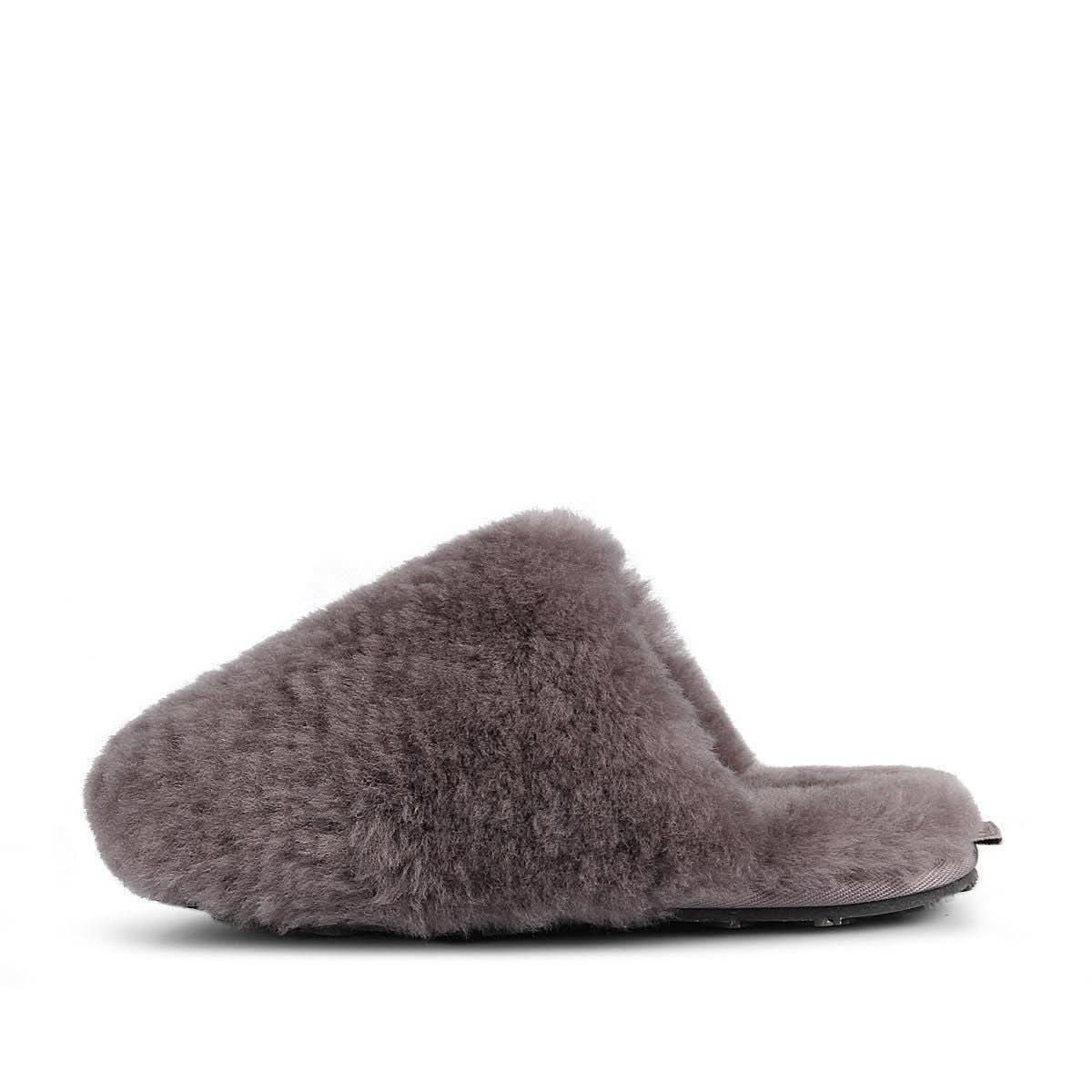 Grey fluffy sheepskin slipper with wool upper, shown from side profile view. - Yellow Earth Australia