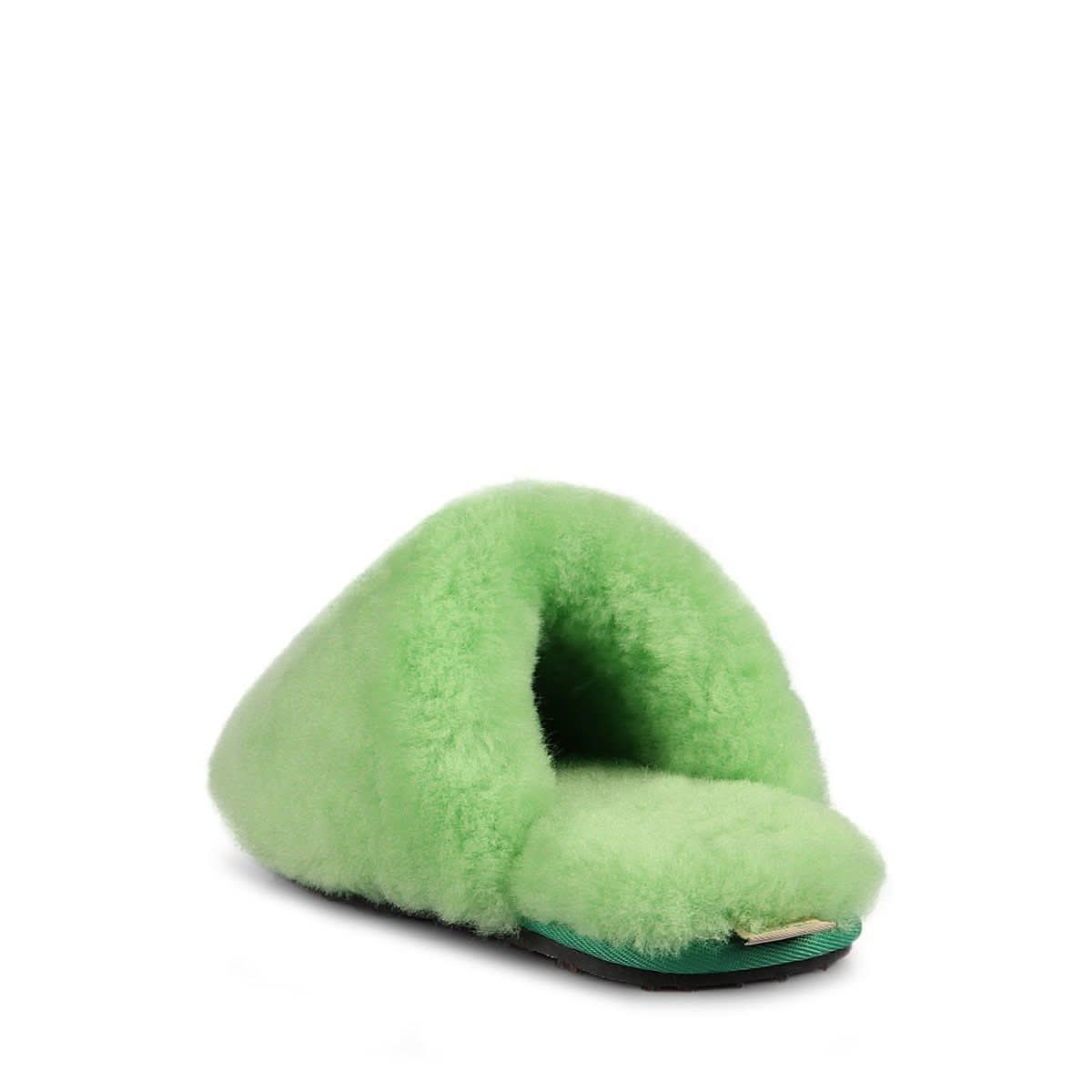 Green sheepskin slipper with soft wool interior, side view. - Yellow Earth Australia