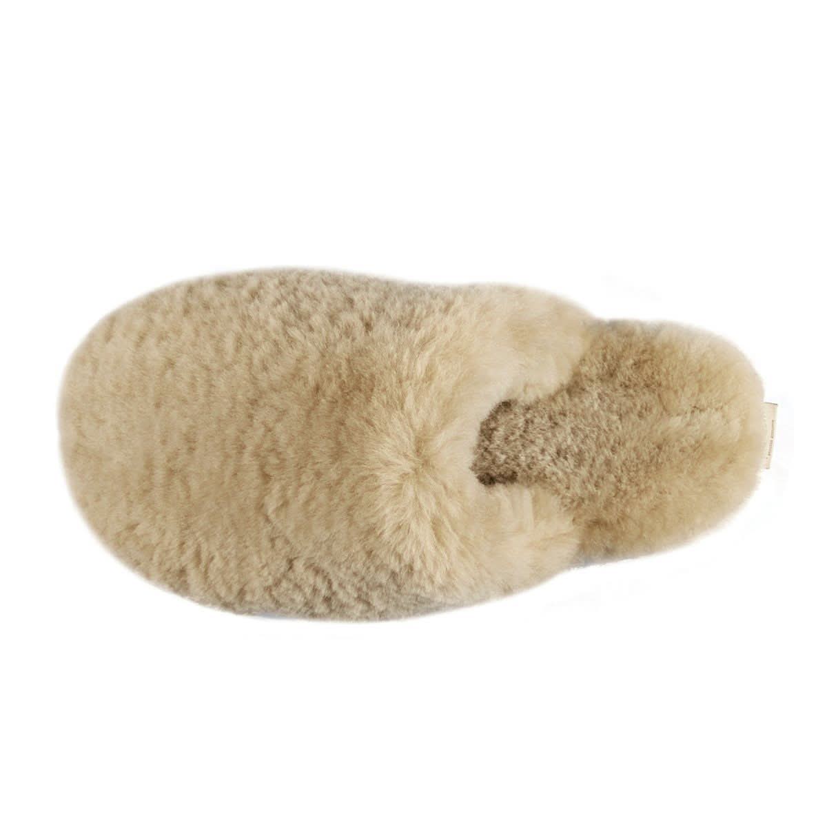 Cream sheepskin slipper with soft wool texture, top-down view. - Yellow Earth Australia