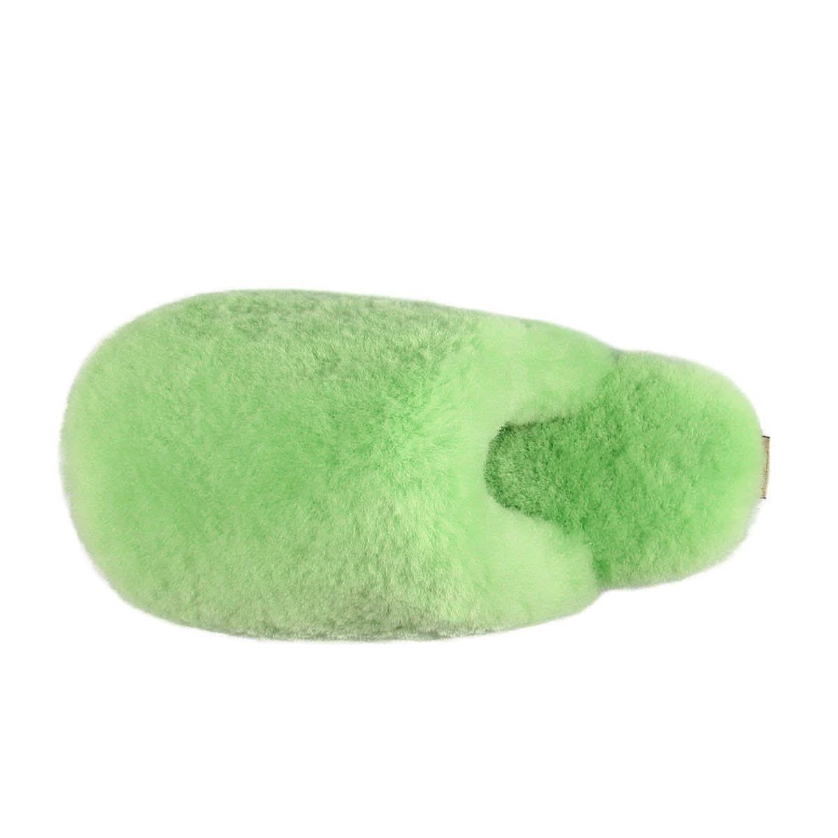 Green sheepskin slipper viewed from above showing soft wool texture and contoured sole. - Yellow Earth Australia