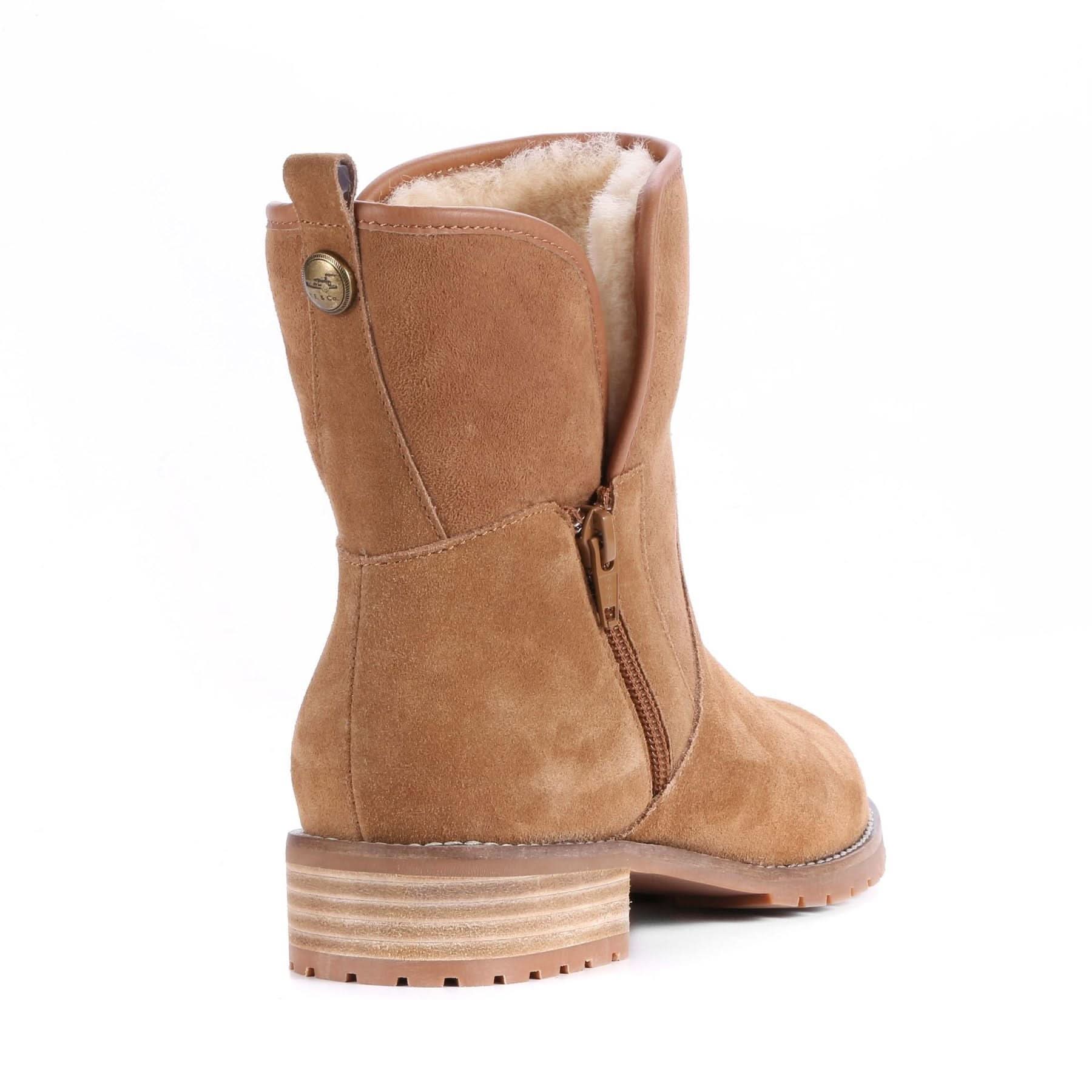 Tan suede sheepskin boot with wool lining, rear three-quarter view. - Yellow Earth Australia