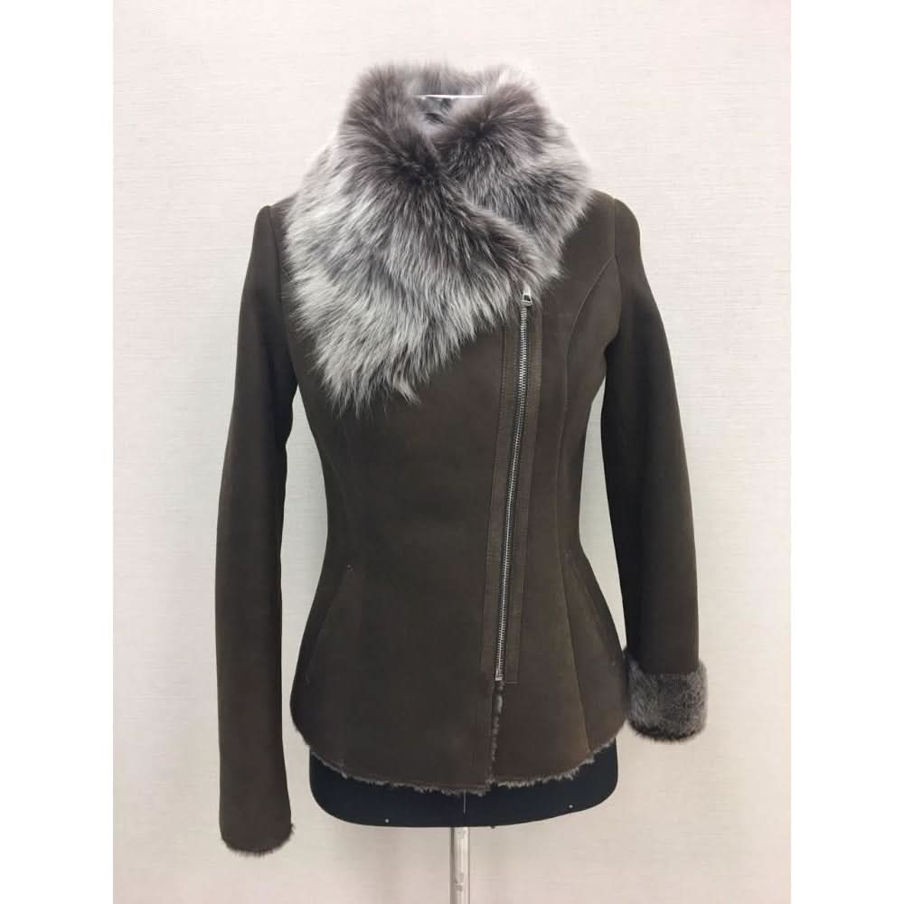 Black sheepskin jacket with grey fur collar and cuffs, front view. - Yellow Earth Australia