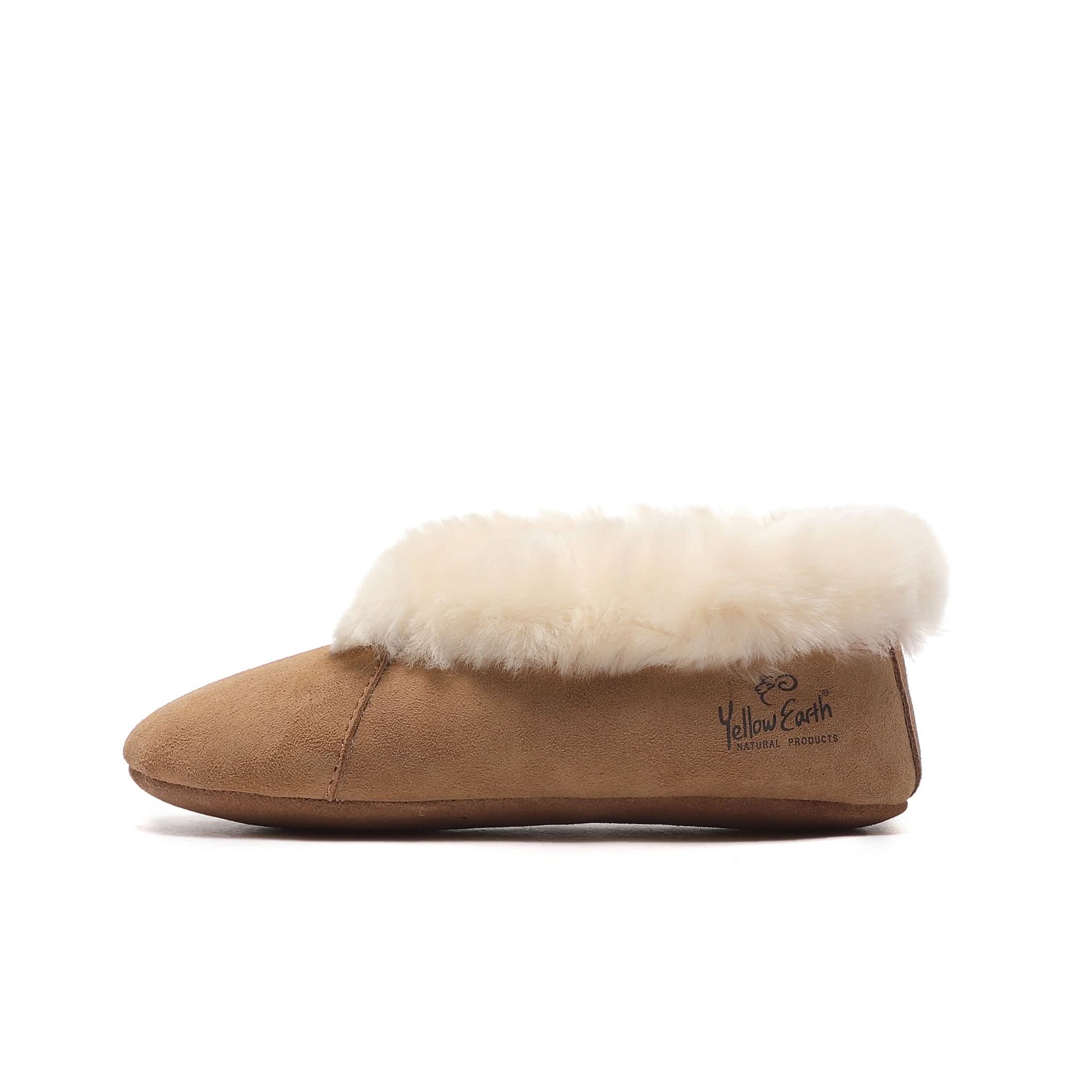 Tan suede slipper with cream sheepskin collar, side view. - Yellow Earth Australia