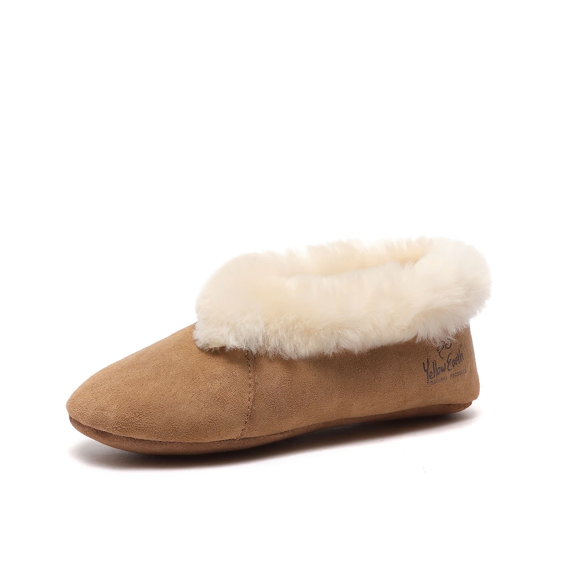 Tan suede slipper boot with white sheepskin collar, side view. - Yellow Earth Australia