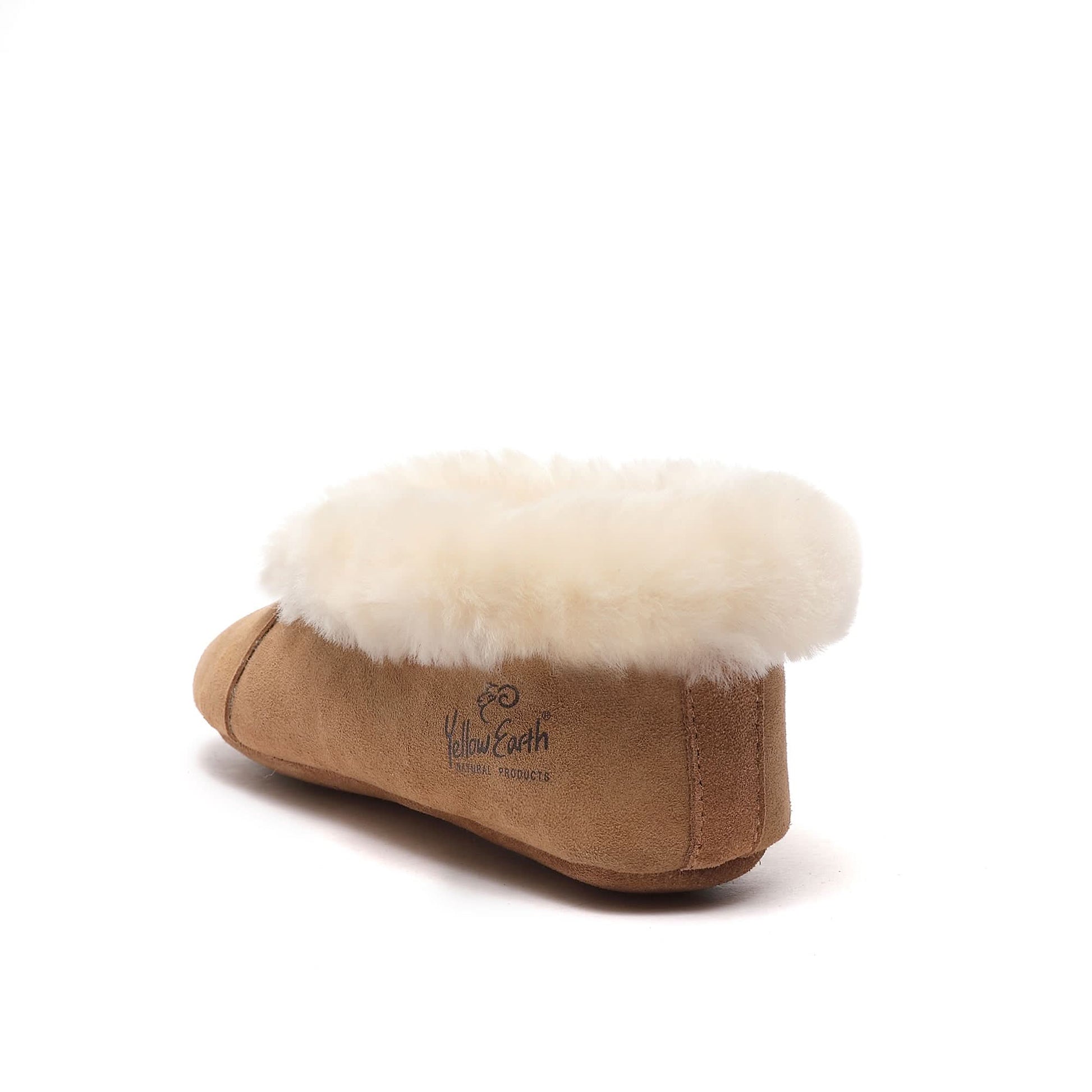 Tan suede slipper with white sheepskin collar, side view on white background. - Yellow Earth Australia
