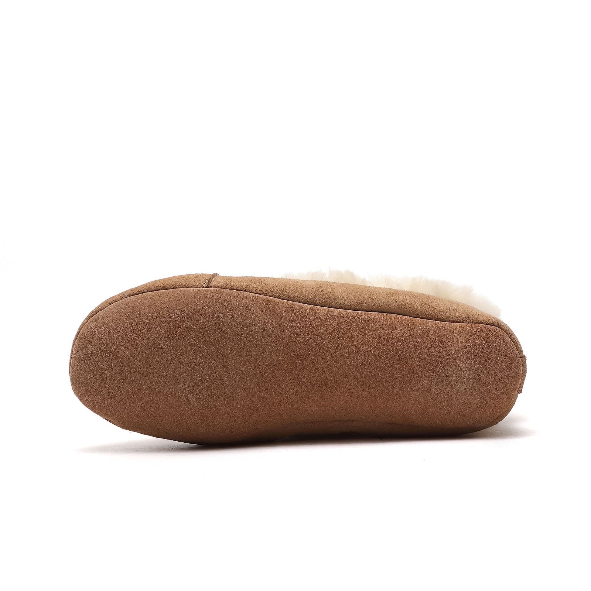 Tan sheepskin slipper with soft wool lining, side profile view. - Yellow Earth Australia