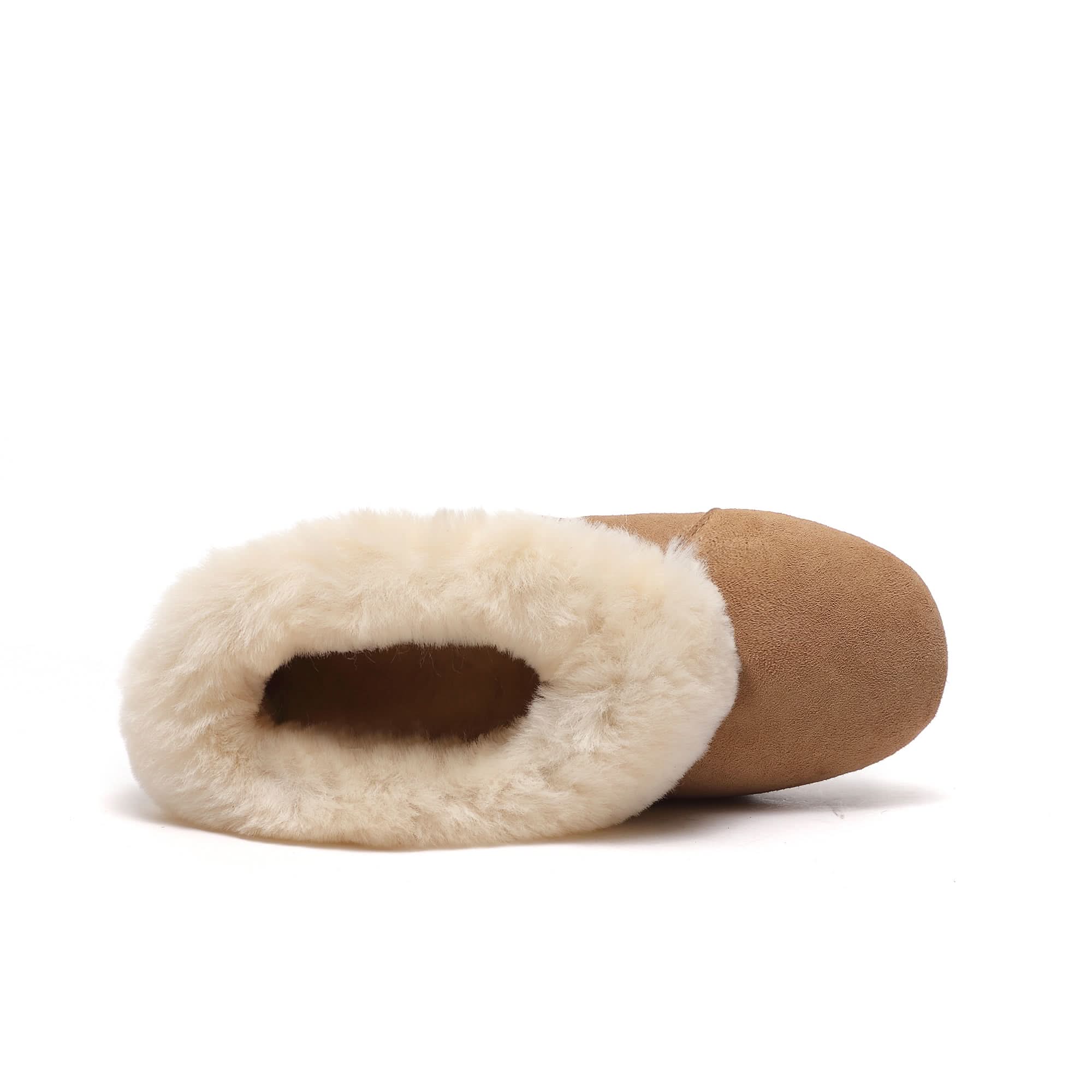 Camel suede slipper boot with cream sheepskin lining, top view. - Yellow Earth Australia