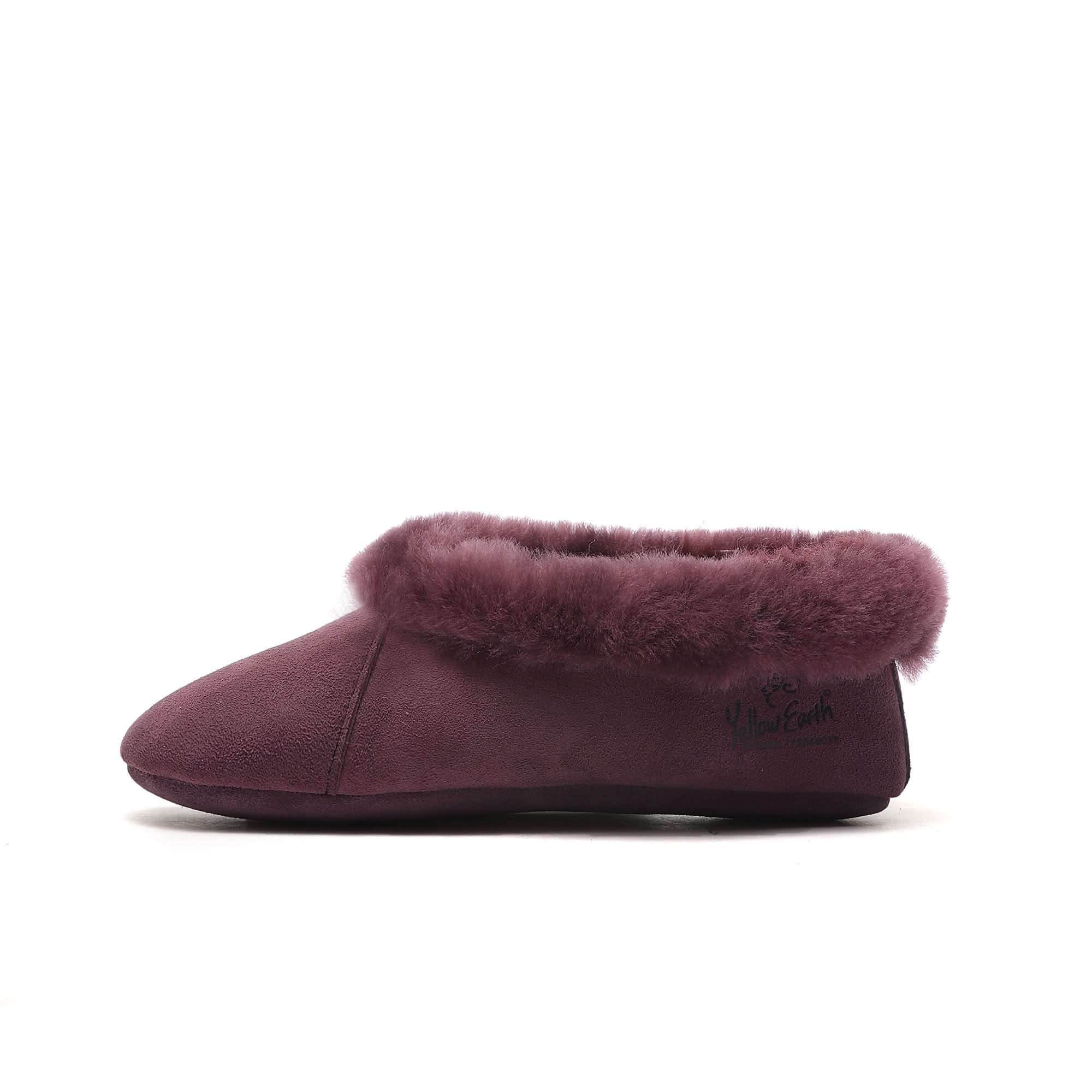 Plum sheepskin slipper with fluffy wool cuff, side view on white background. - Yellow Earth Australia