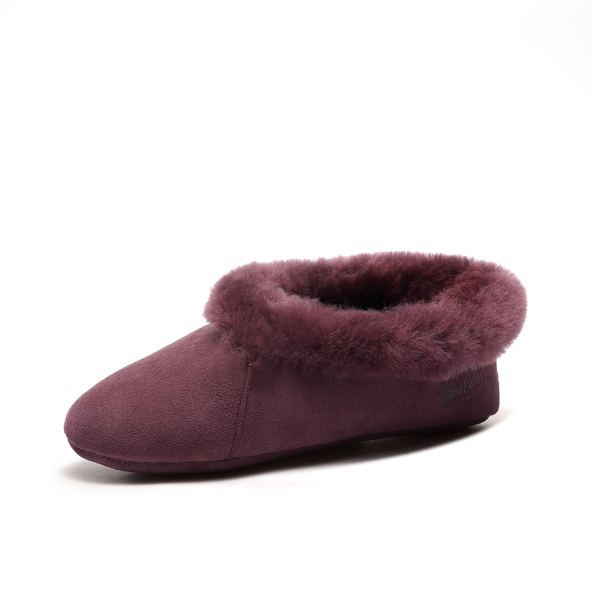 Burgundy sheepskin bootie slipper with fluffy wool collar, side view. - Yellow Earth Australia