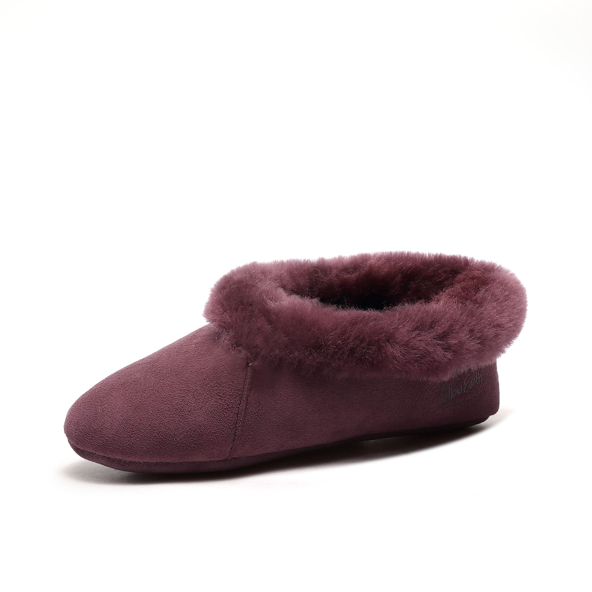 Burgundy sheepskin bootie slipper with fluffy wool collar, side view. - Yellow Earth Australia