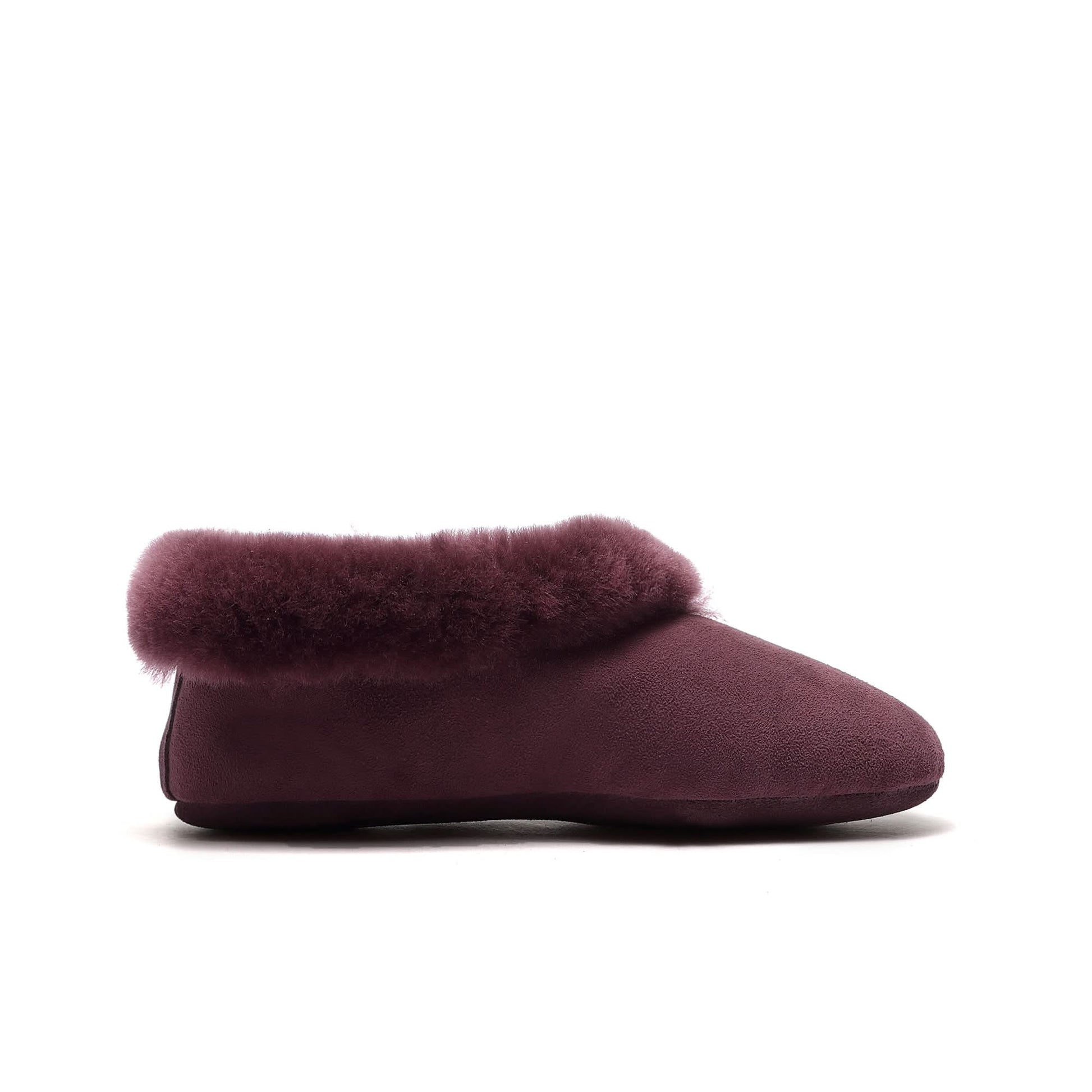 Burgundy sheepskin slipper with fluffy wool collar, side view. - Yellow Earth Australia