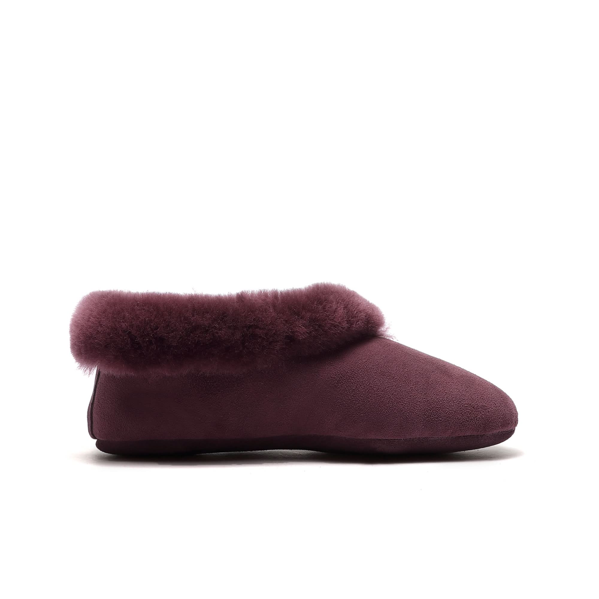 Burgundy sheepskin slipper with fluffy wool collar, side view. - Yellow Earth Australia