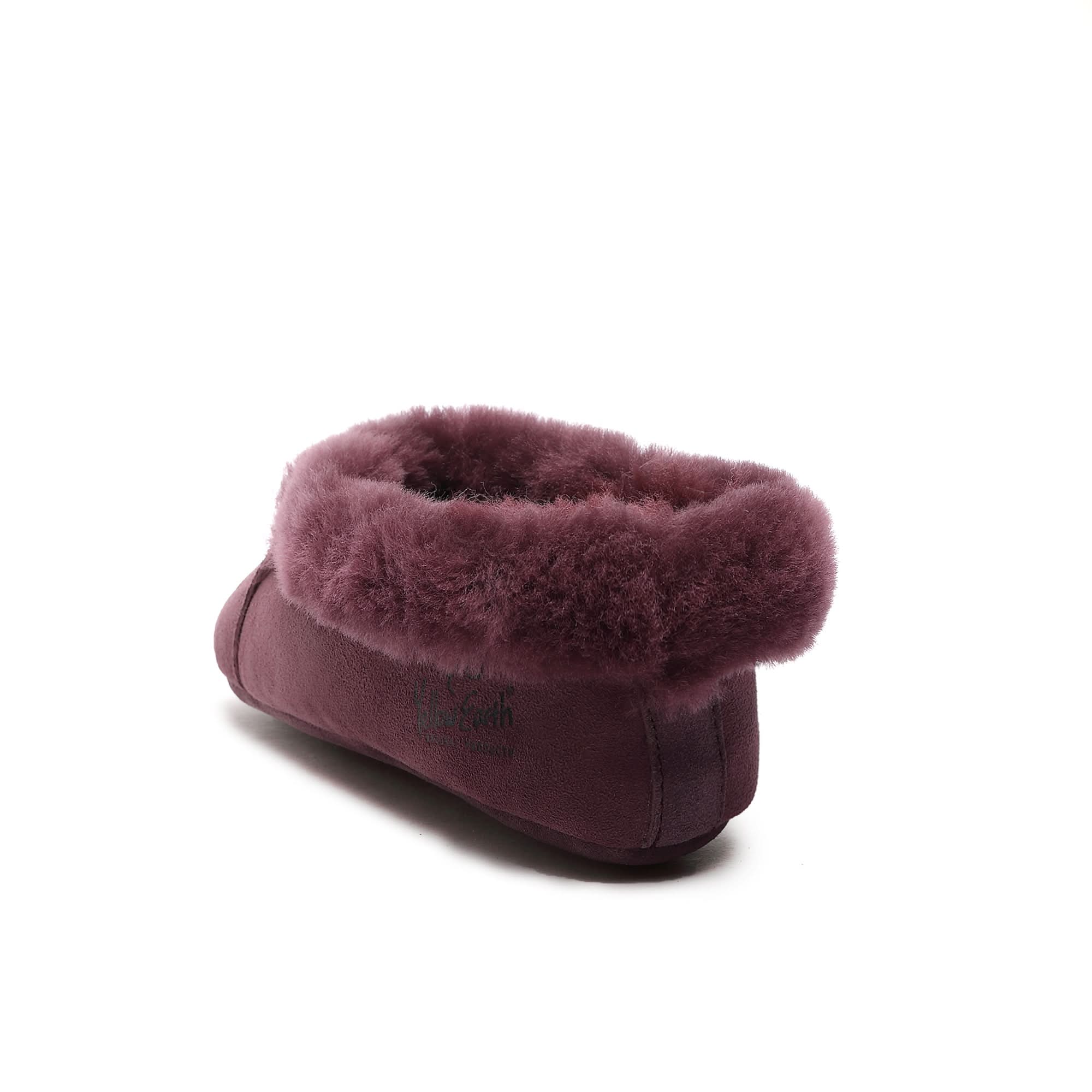 Burgundy sheepskin slipper boot with plush wool cuff, side view. - Yellow Earth Australia