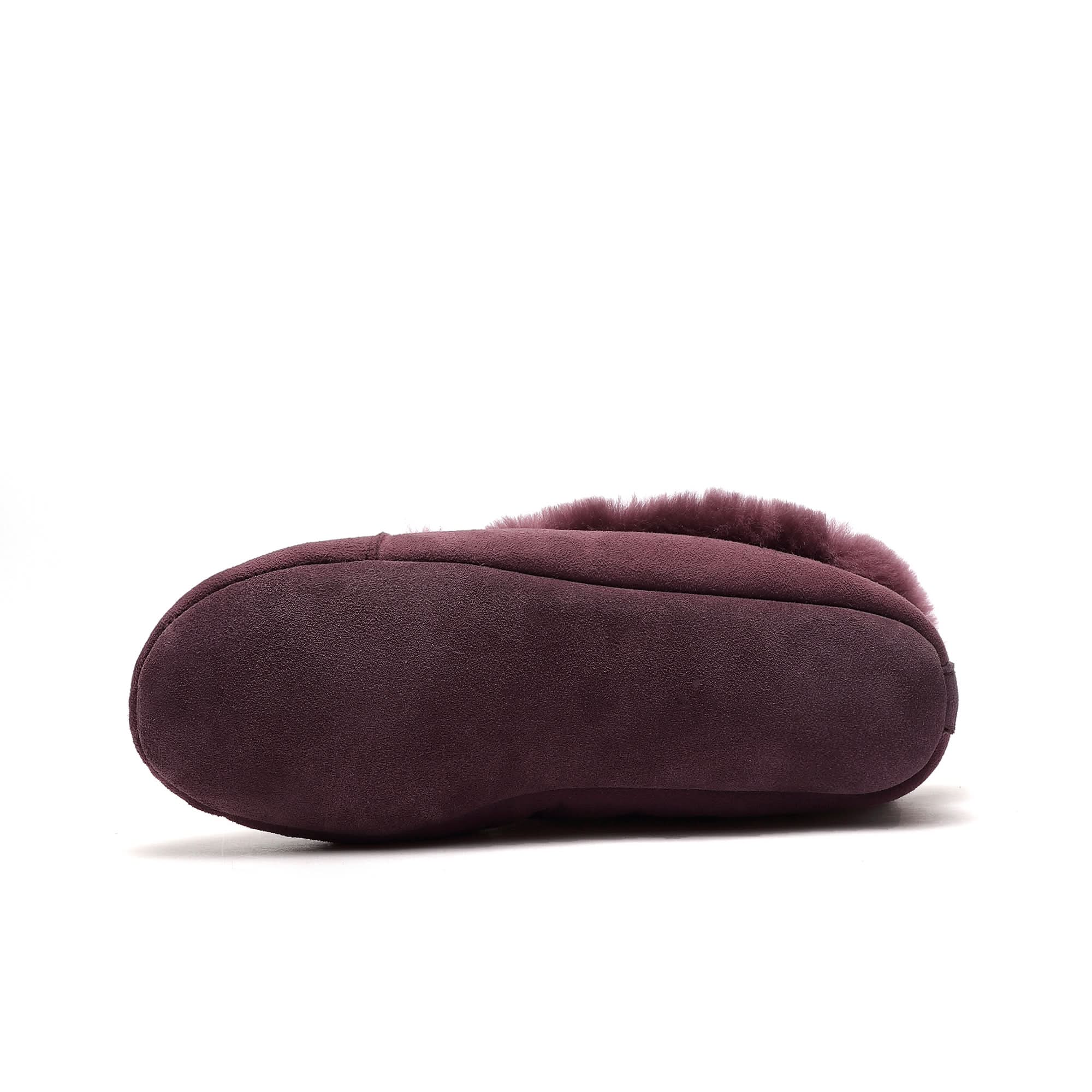 Burgundy sheepskin slipper with fluffy wool cuff, side view on white background. - Yellow Earth Australia