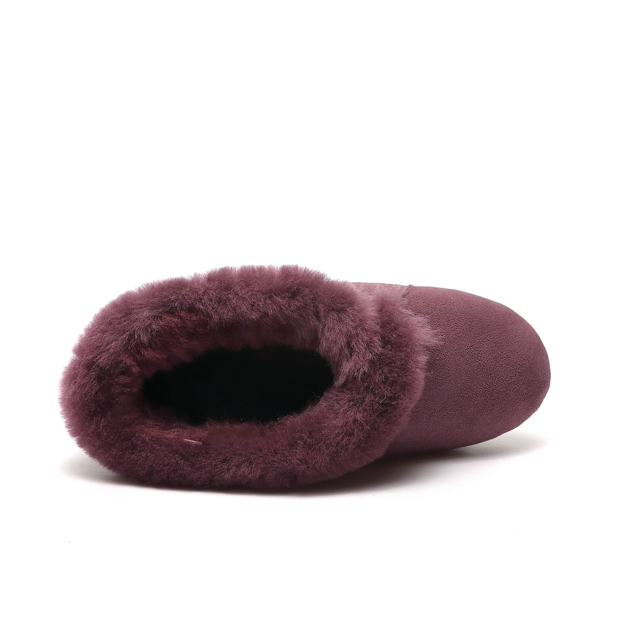 Burgundy sheepskin boot with soft wool lining, top view angle. - Yellow Earth Australia