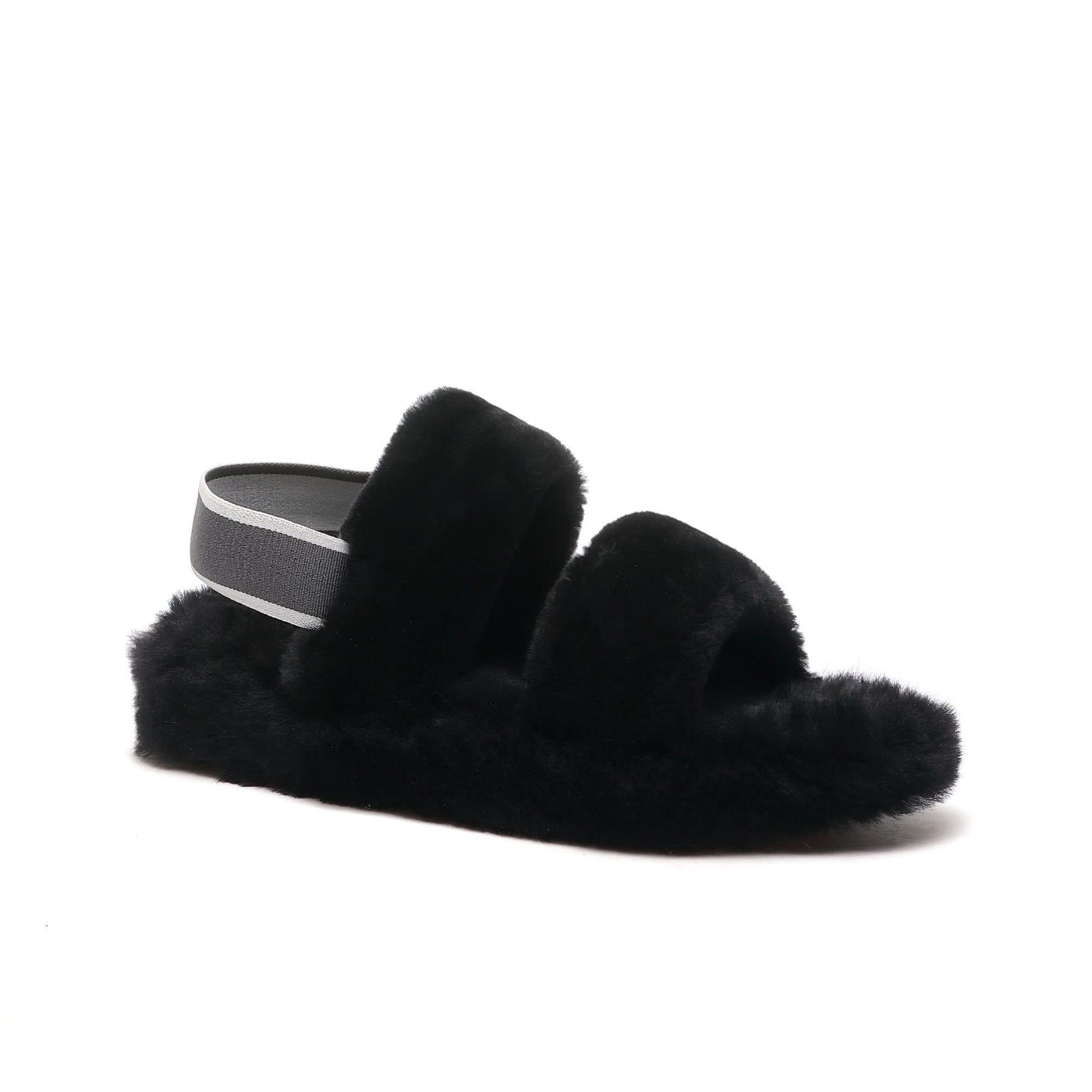Black fluffy sheepskin slider with grey elasticated strap, side view. - Yellow Earth Australia