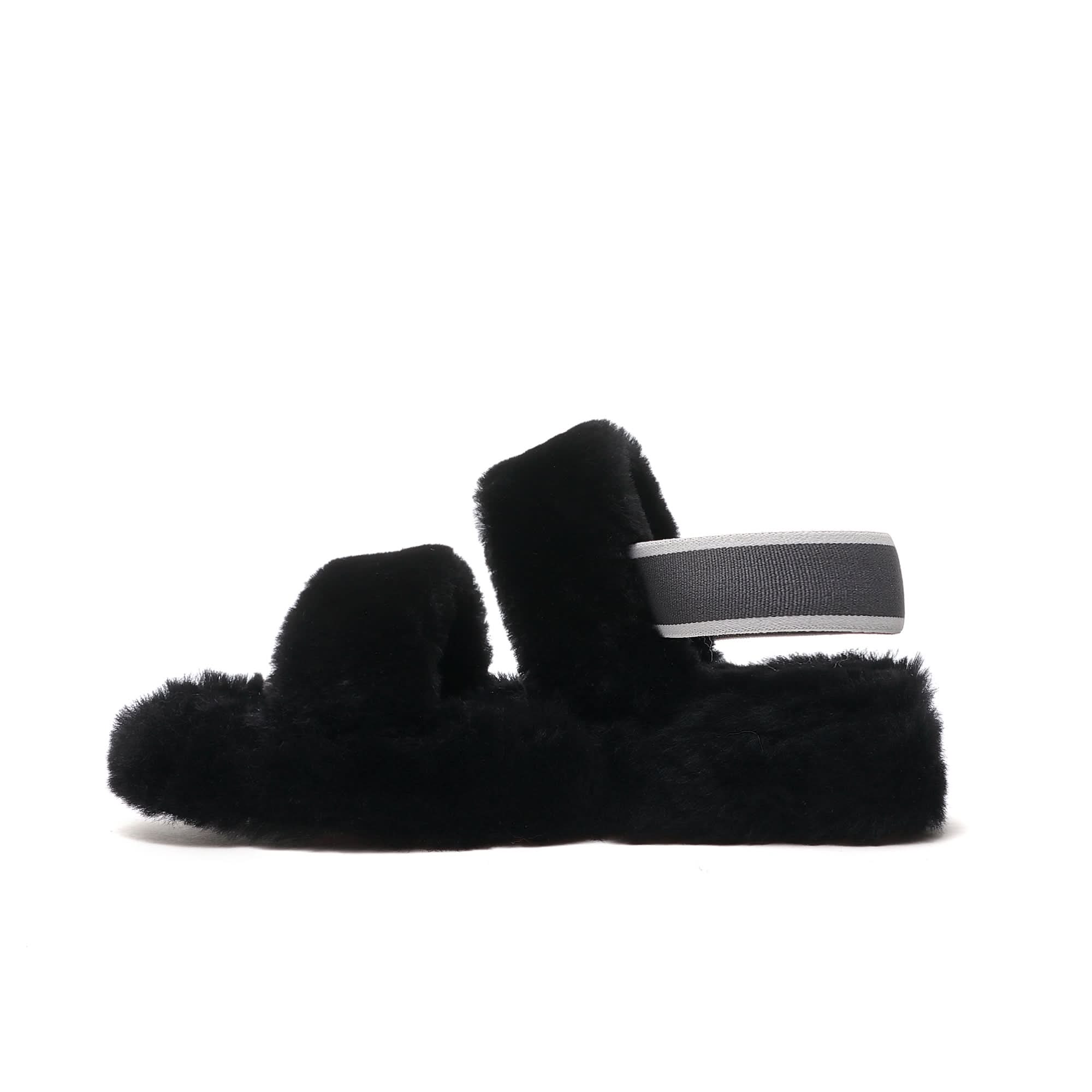 Black fluffy sheepskin slippers with grey elastic strap, side view. - Yellow Earth Australia