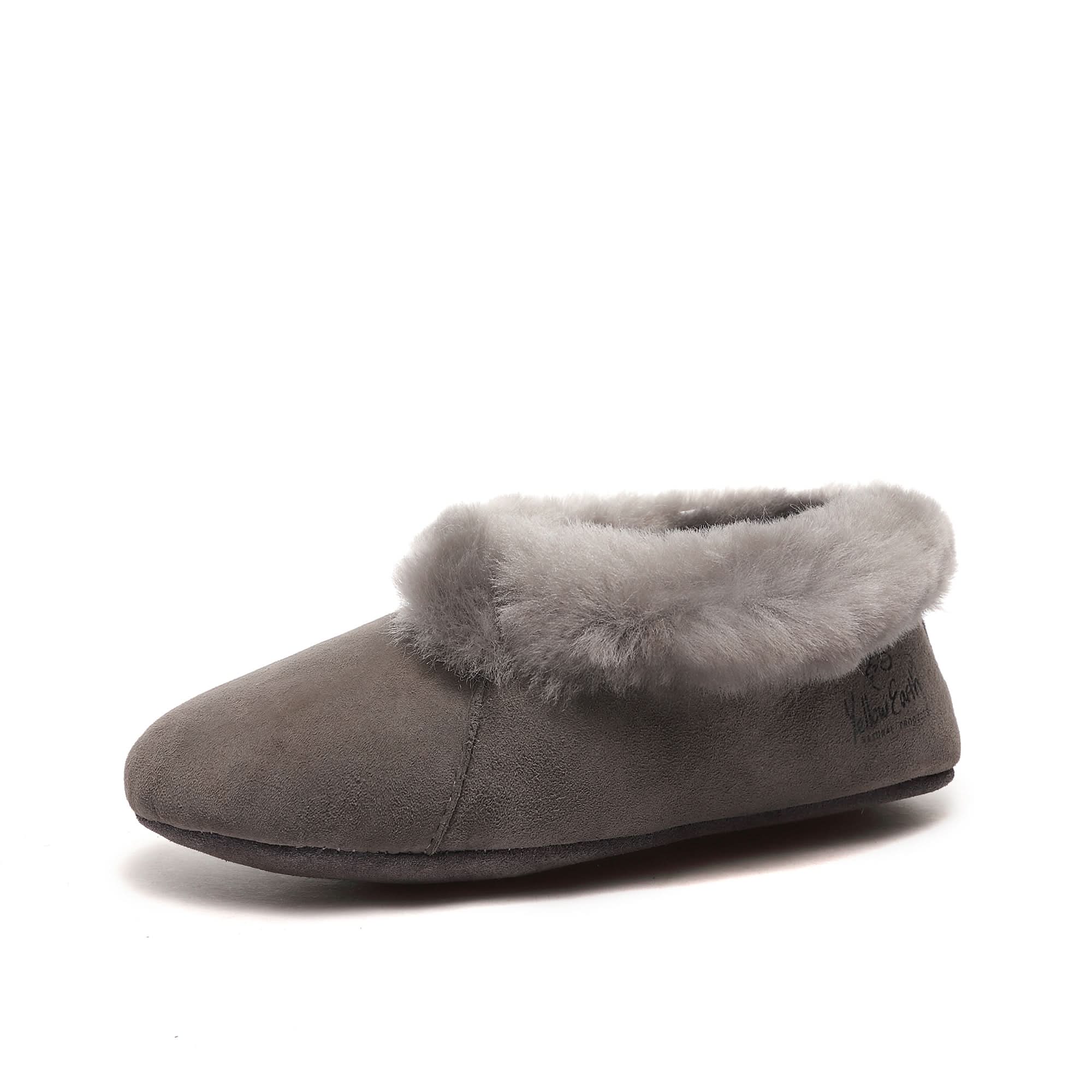 Grey suede slipper with fluffy sheepskin collar, side view. - Yellow Earth Australia