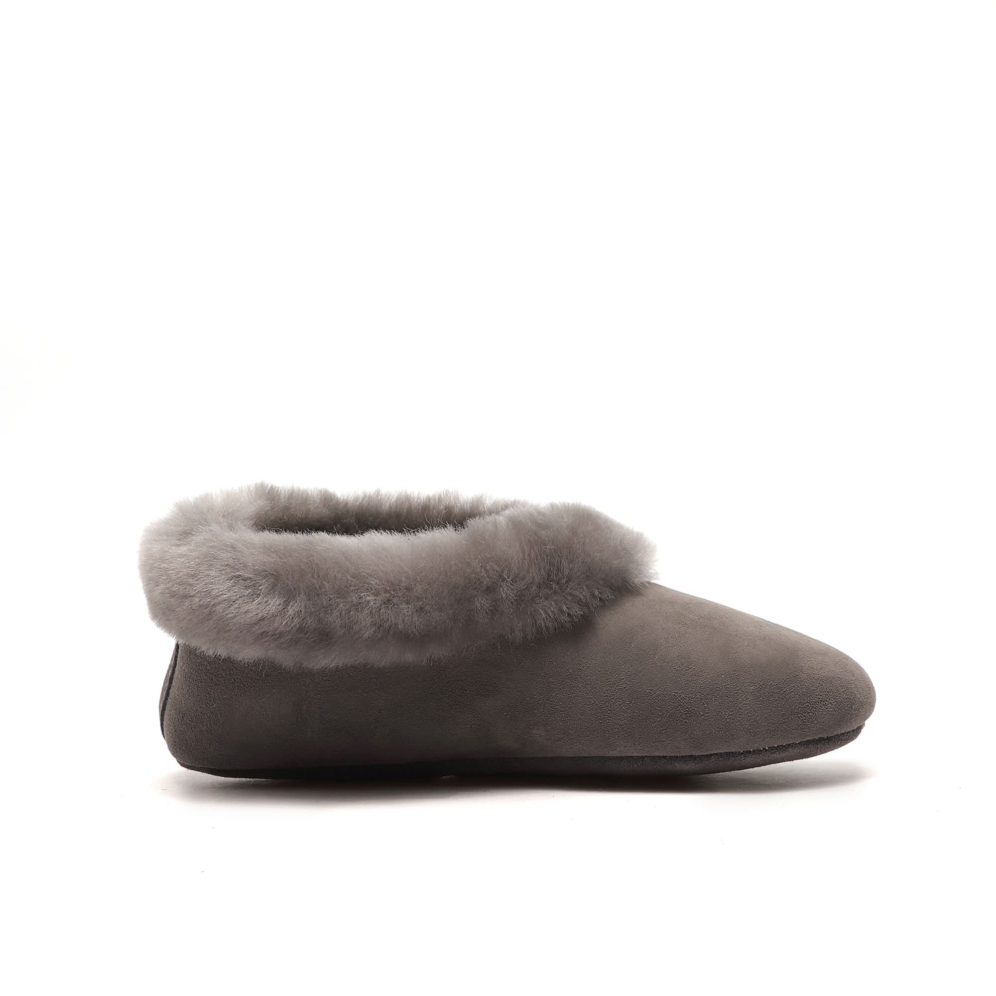 Grey sheepskin slipper with fluffy wool collar, side view. - Yellow Earth Australia