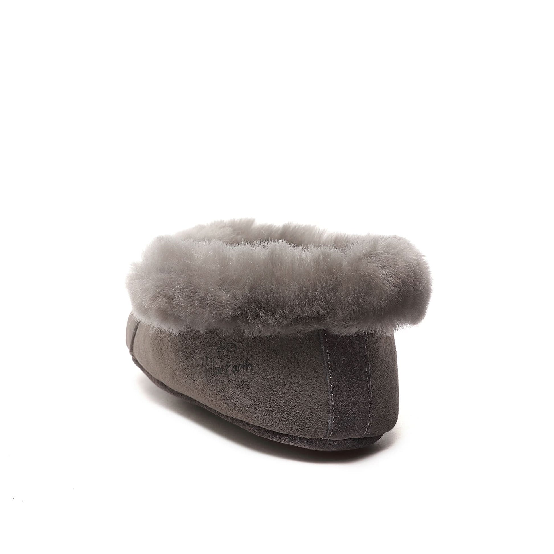 Grey sheepskin slipper with fluffy wool cuff, side view. - Yellow Earth Australia