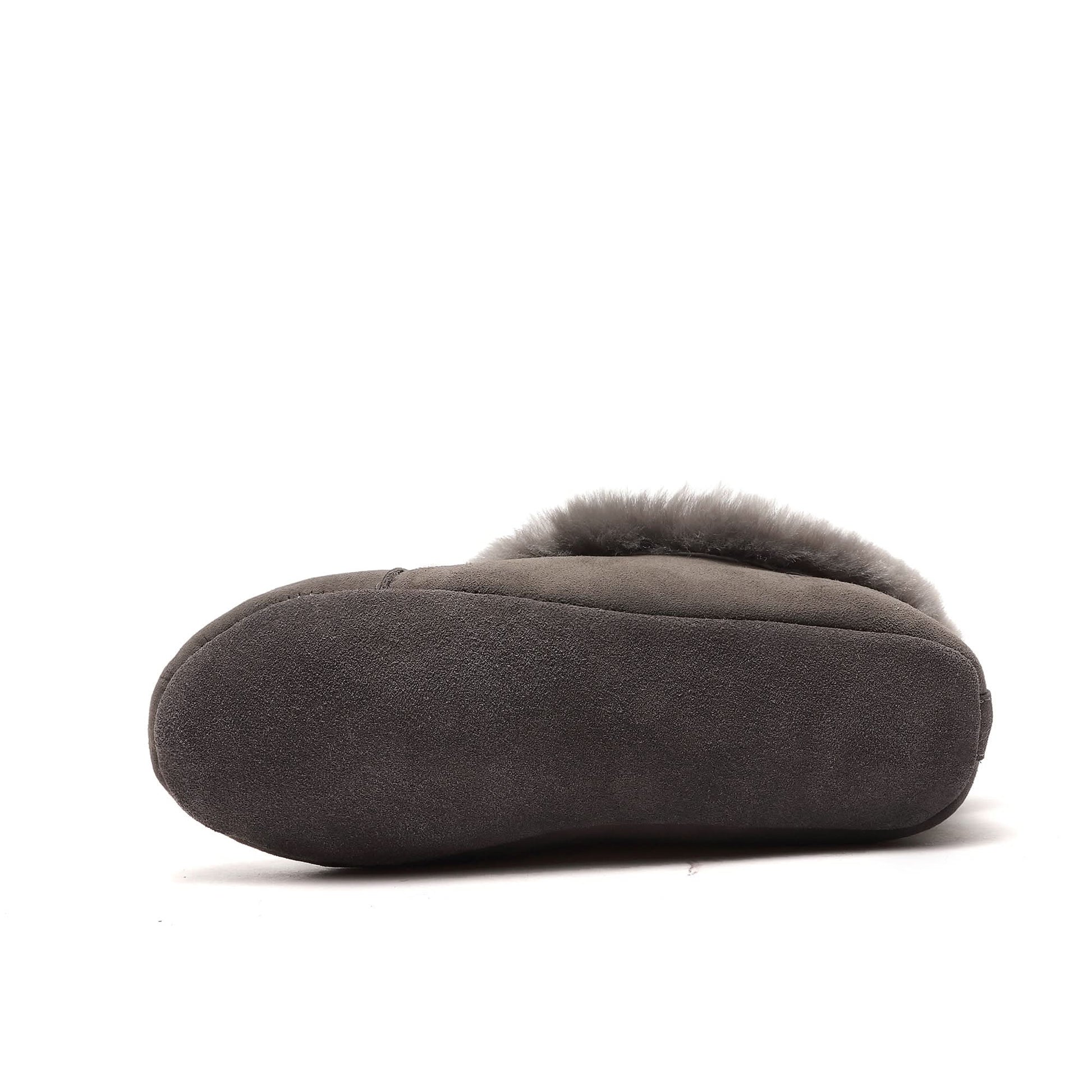 Grey sheepskin slipper with fluffy wool cuff, side view. - Yellow Earth Australia