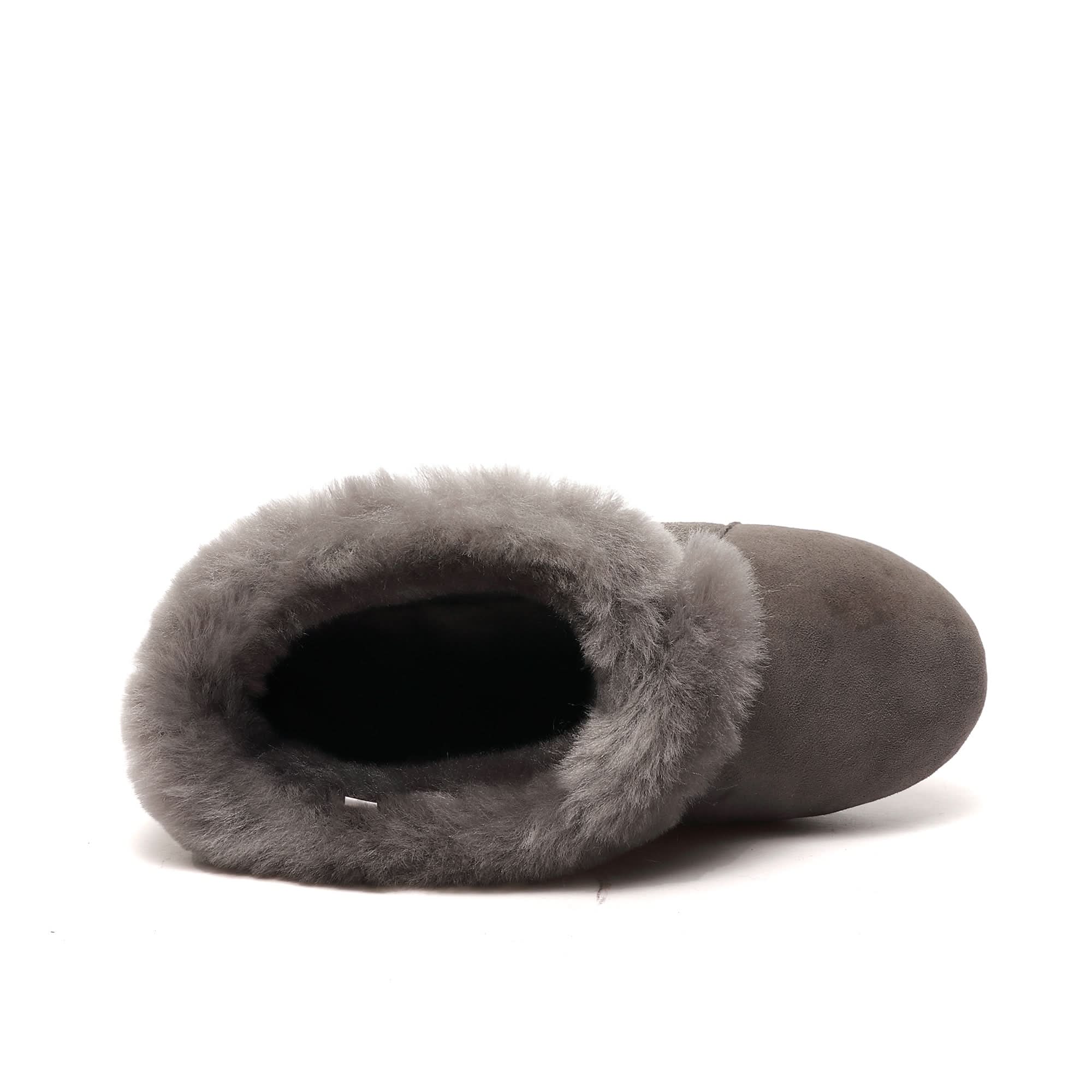 Grey sheepskin boot with fluffy wool lining, top-down view. - Yellow Earth Australia