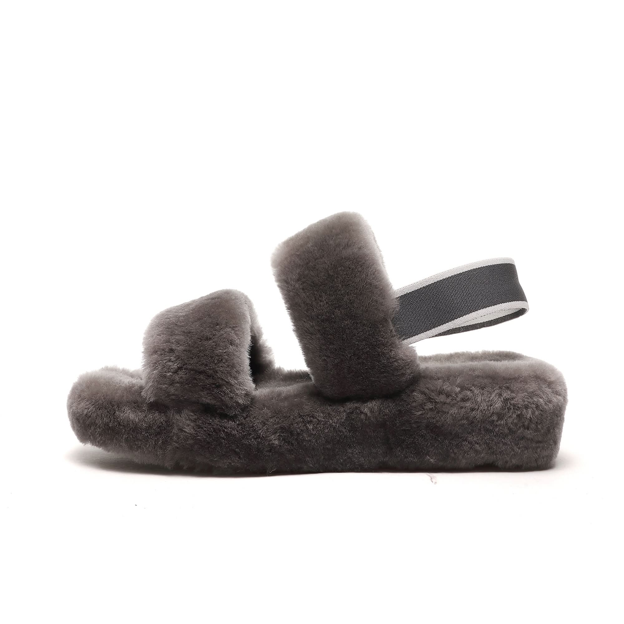Grey sheepskin slipper with adjustable heel strap, side view on white background. - Yellow Earth Australia