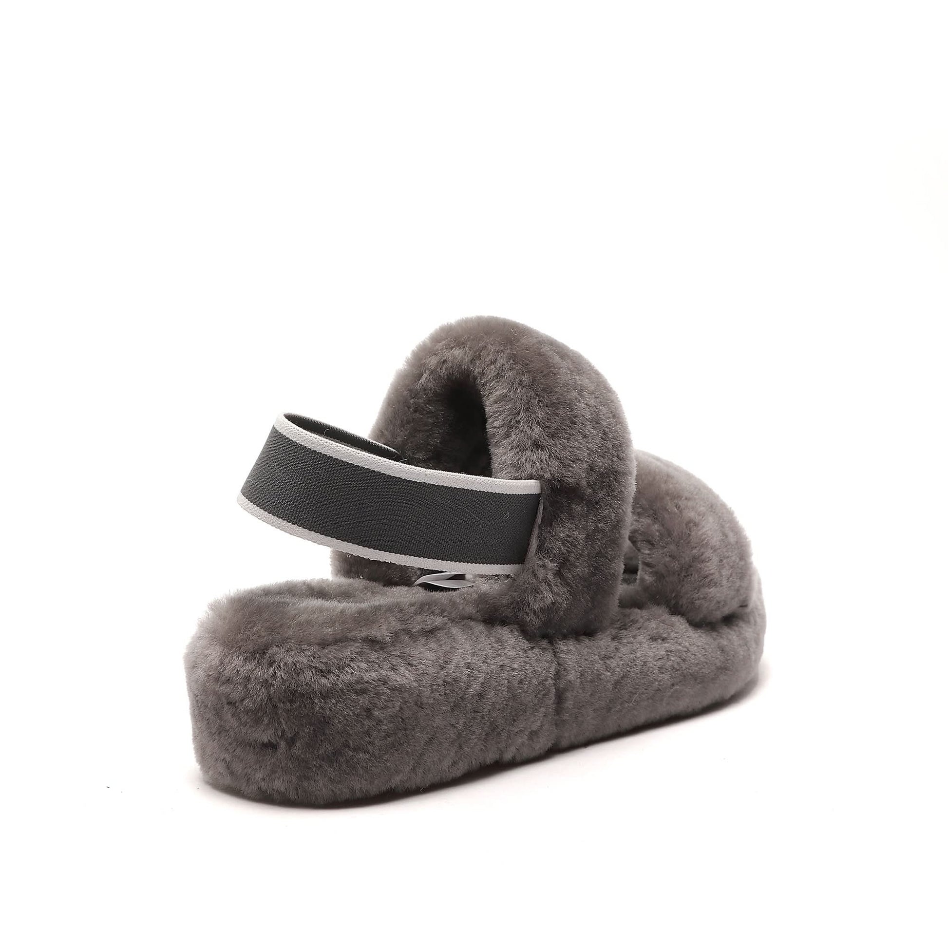 Grey sheepskin slipper with elastic strap, rear view. - Yellow Earth Australia