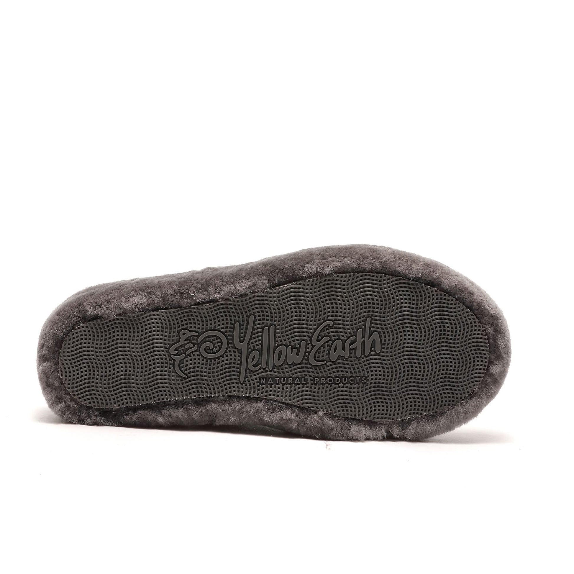 Grey sheepskin slipper sole view showing textured grip and soft wool lining. - Yellow Earth Australia