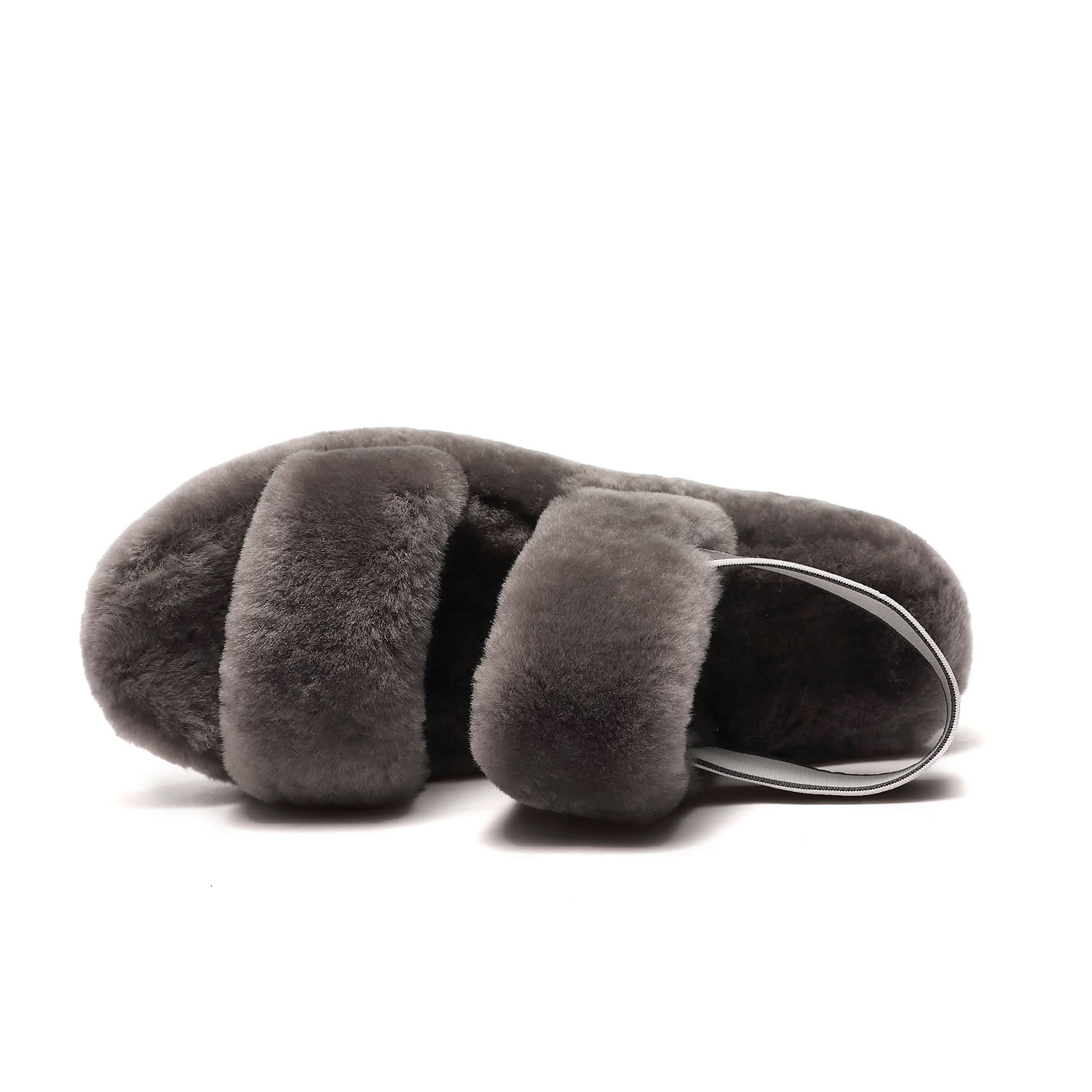 Grey sheepskin slippers with wool lining, side view on white background. - Yellow Earth Australia