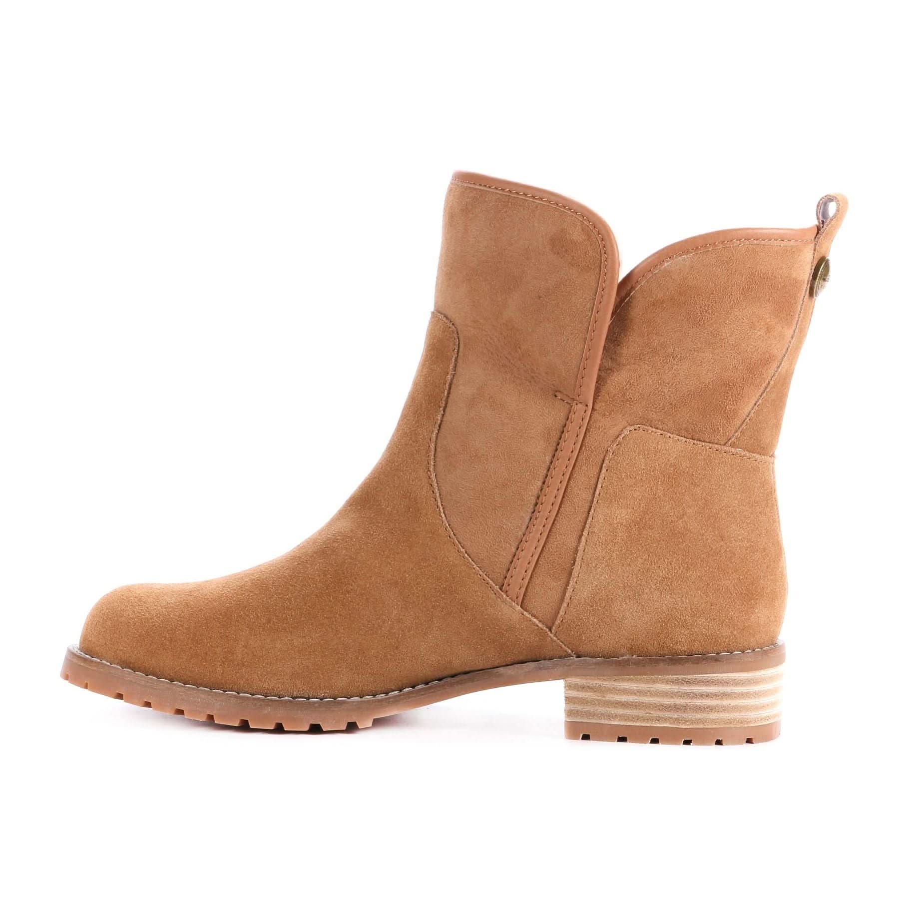 Tan suede sheepskin ankle boot with lug sole, side view. - Yellow Earth Australia