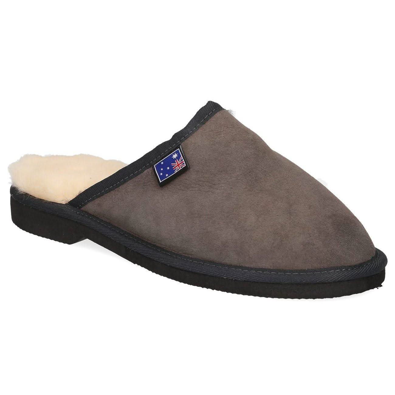 Grey suede sheepskin slipper with cream wool lining, angled side view. - Yellow Earth Australia