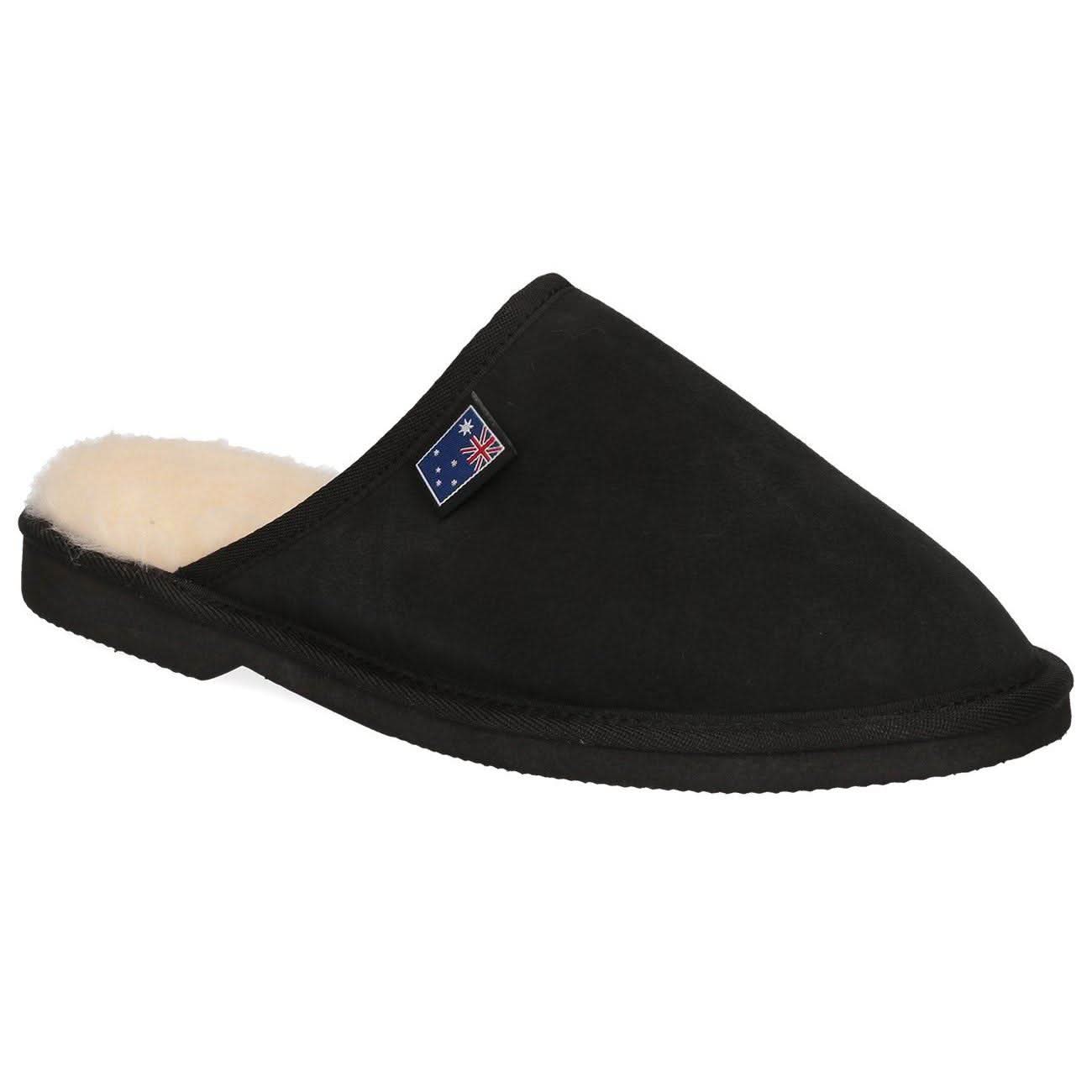 Black wool sheepskin mule slipper with cream fleece lining, shown in side profile view. - Yellow Earth Australia