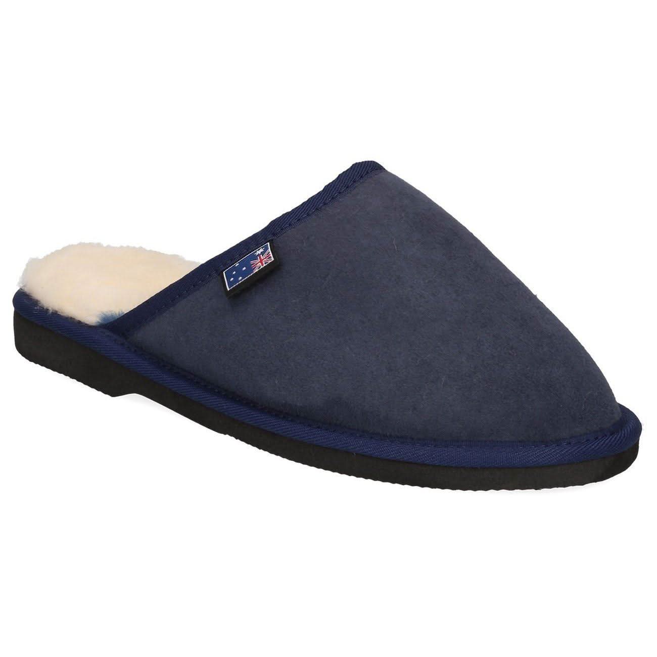 Navy wool slipper with cream sheepskin lining and black sole, side view. - Yellow Earth Australia