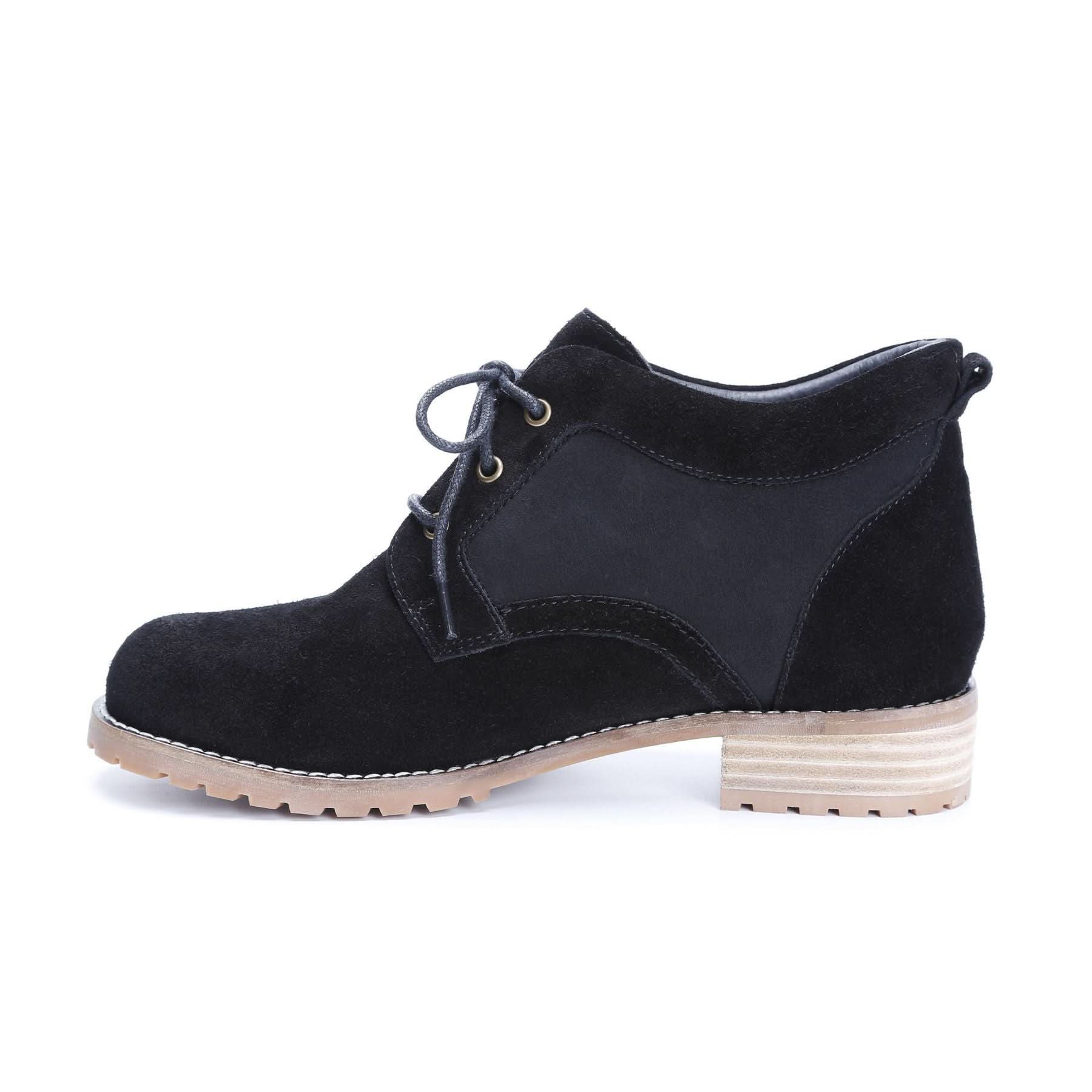 Black suede lace-up ankle boot with cream chunky sole, side view. - Yellow Earth Australia