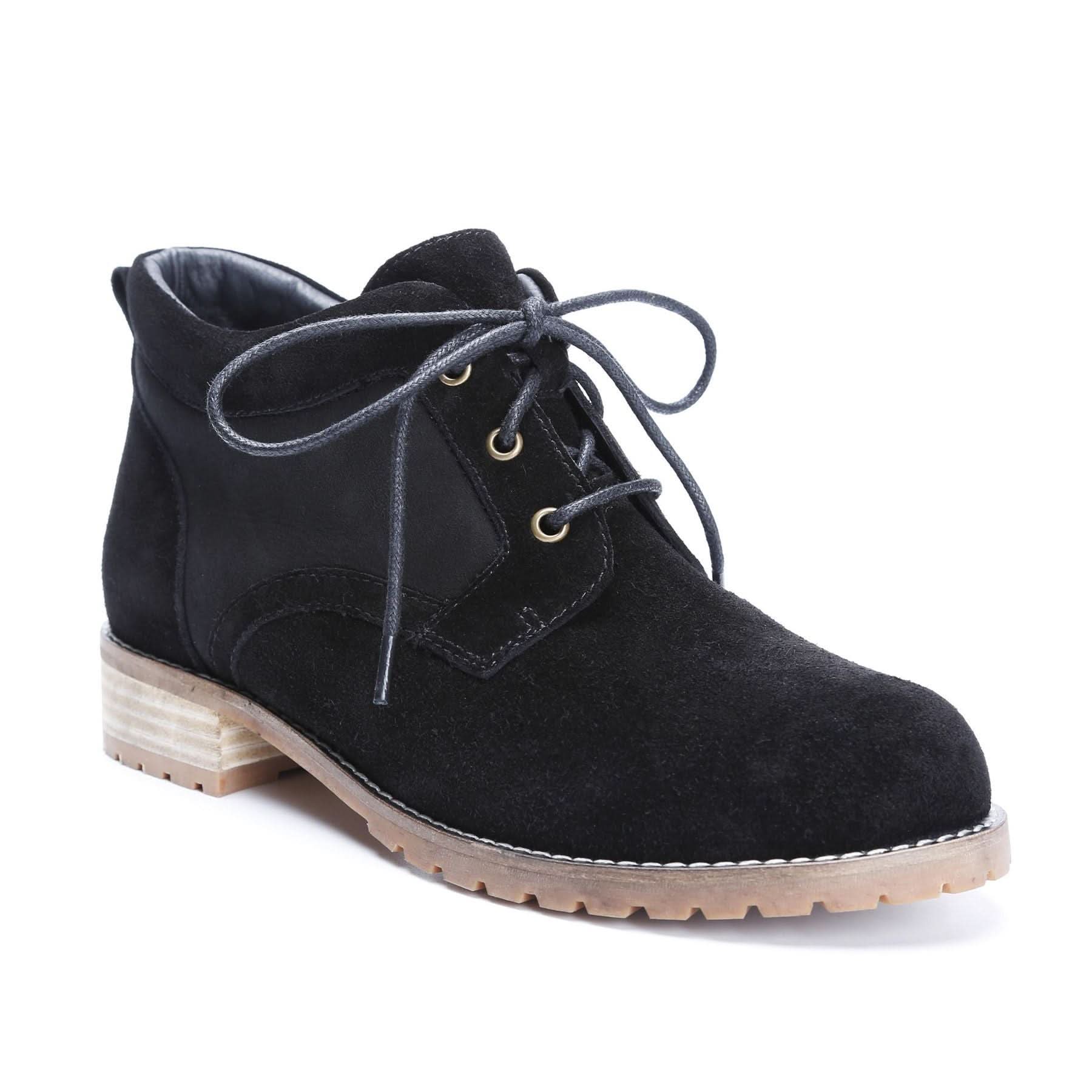 Black suede lace-up ankle boot with chunky sole, side view. - Yellow Earth Australia