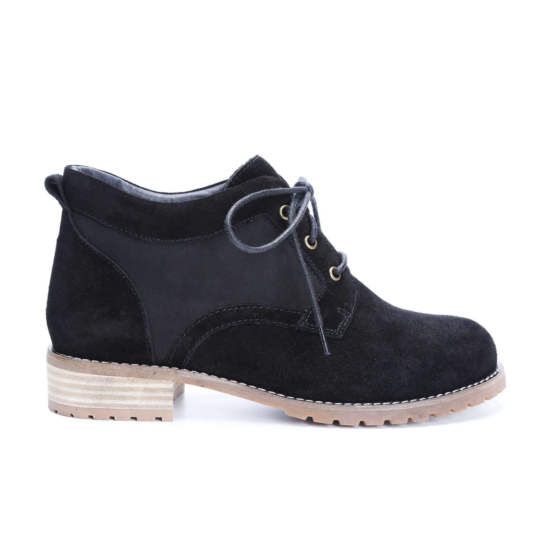 Black suede lace-up ankle boot with chunky beige sole, side view. - Yellow Earth Australia