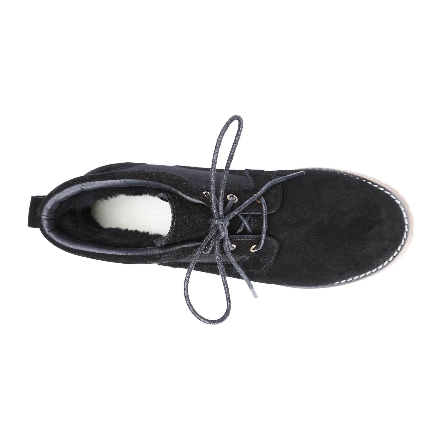 Black suede chukka boot with woolly sheepskin lining, overhead view. - Yellow Earth Australia