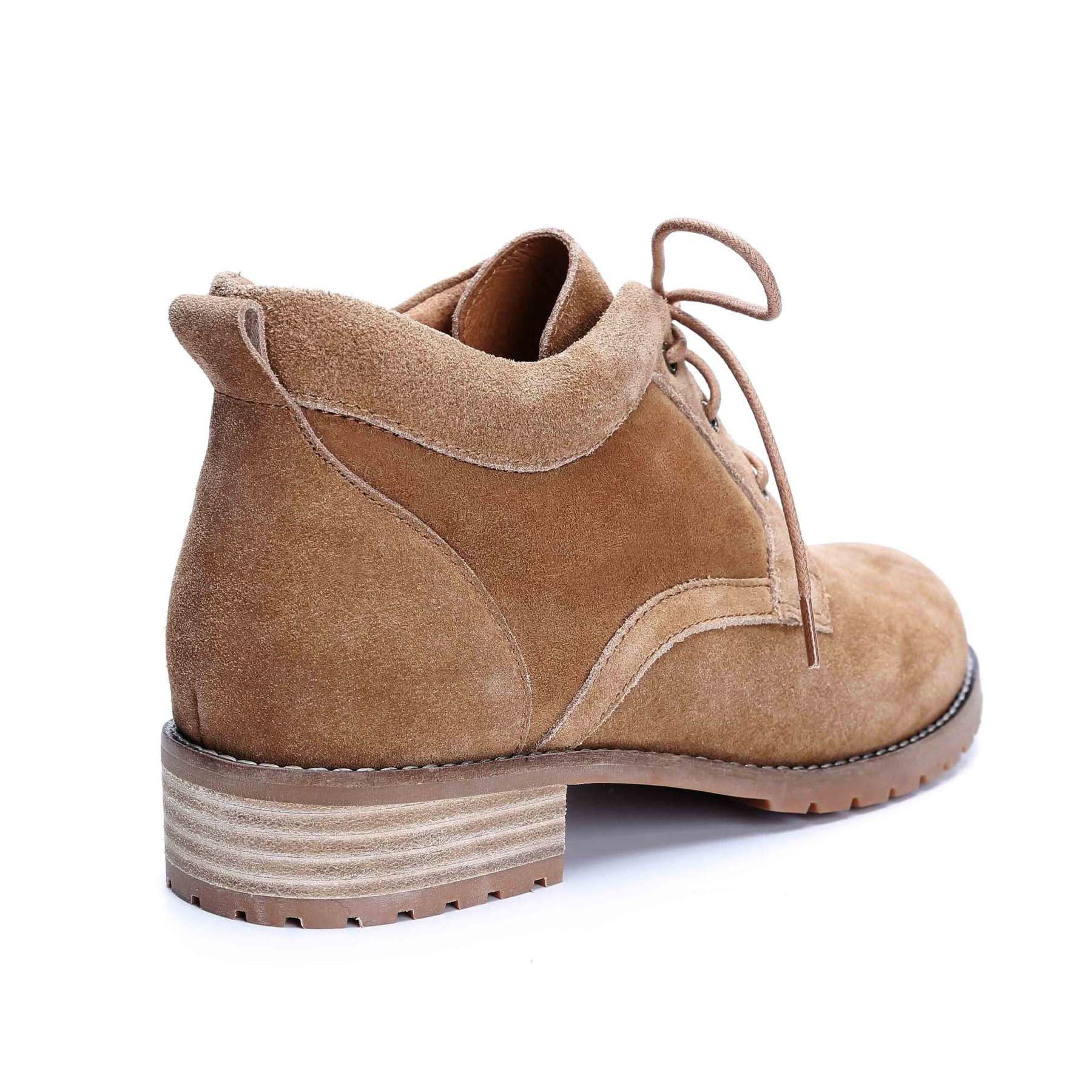 Tan suede lace-up ankle boot with chunky tread sole, rear view. - Yellow Earth Australia