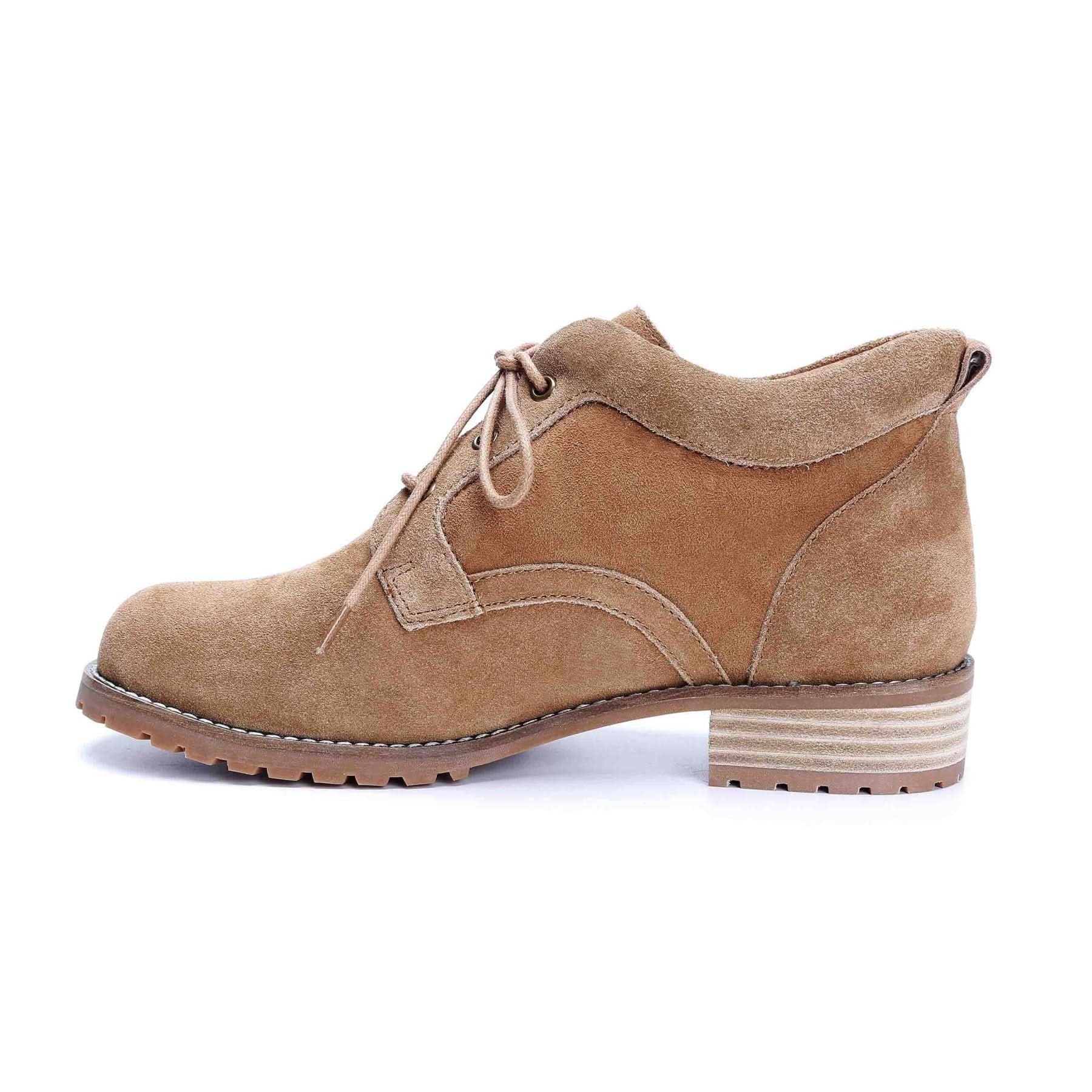 Tan suede lace-up ankle boot with chunky sole, side view. - Yellow Earth Australia