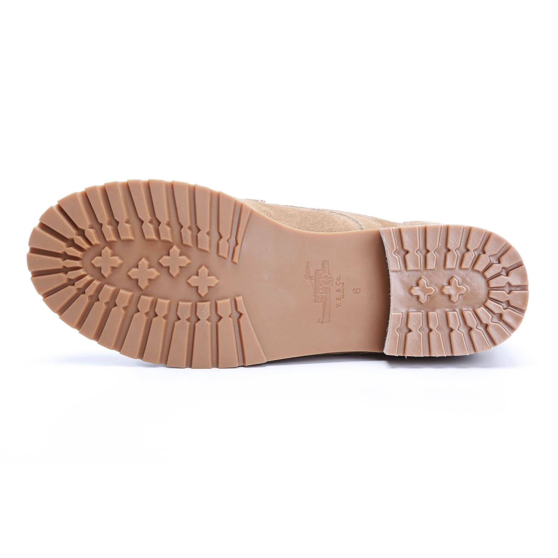 Tan leather boot sole with decorative tread pattern, bottom view. - Yellow Earth Australia