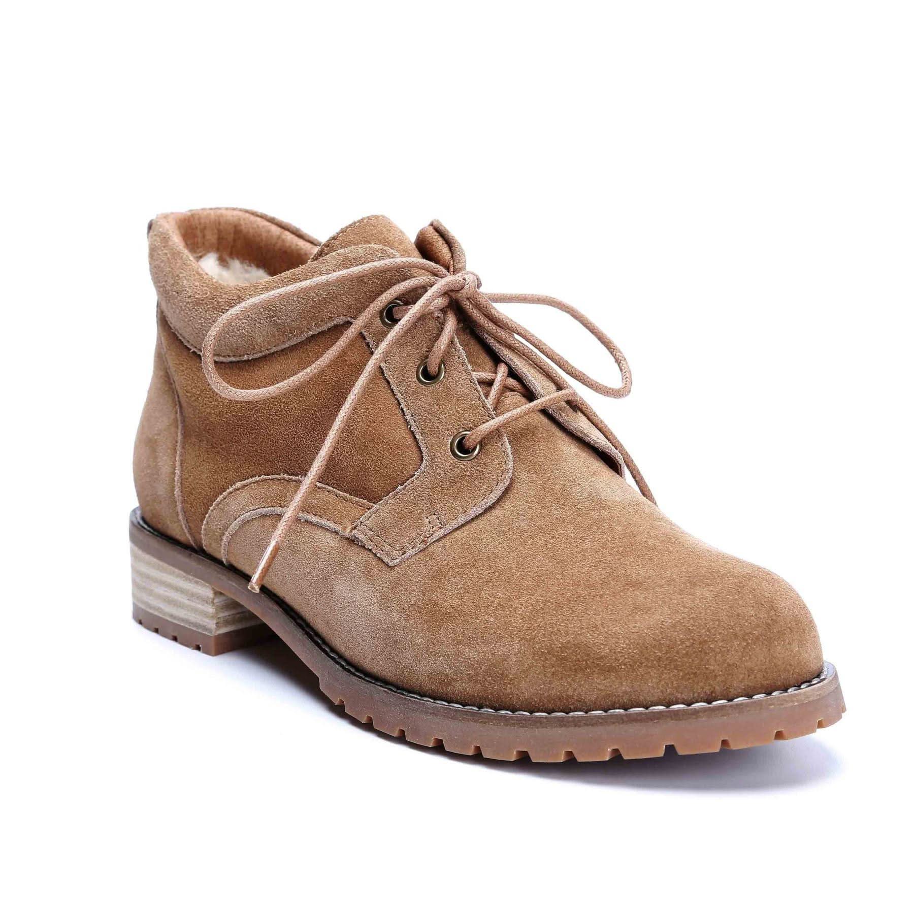 Tan suede lace-up ankle boot with chunky sole, side view. - Yellow Earth Australia