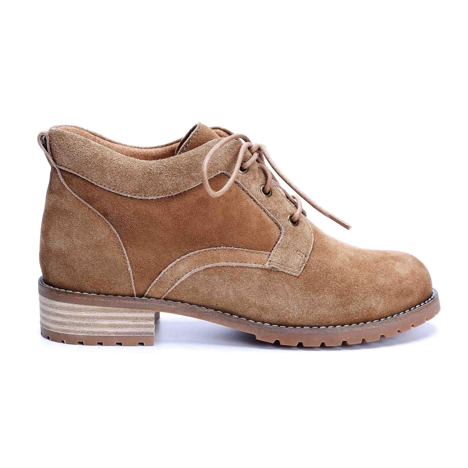 Camel suede lace-up ankle boot with chunky heel, side view. - Yellow Earth Australia
