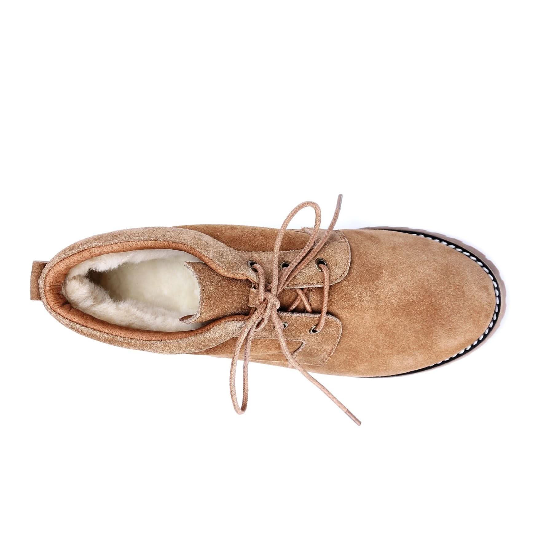 Tan suede sheepskin boot with wool lining, top-down view. - Yellow Earth Australia