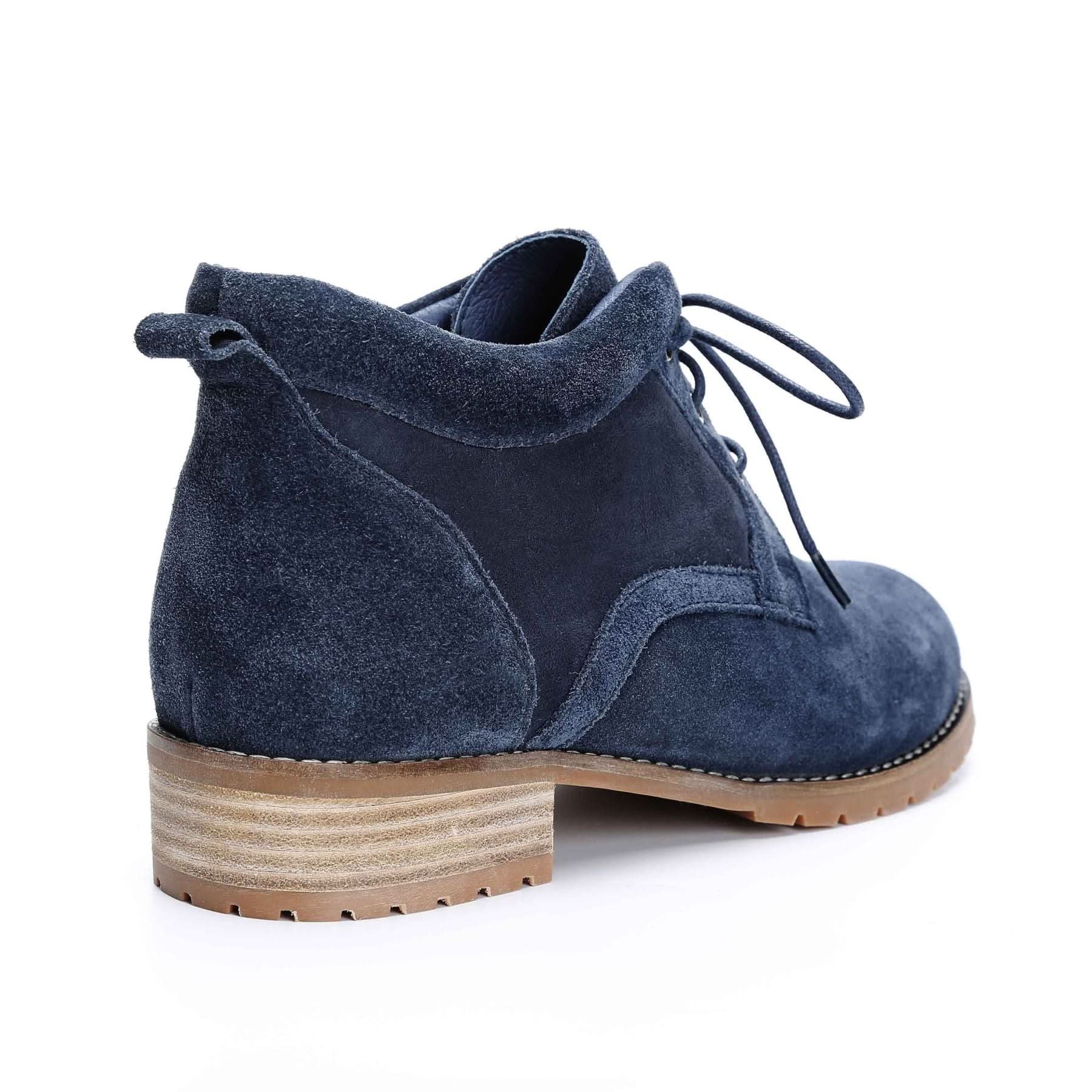 Navy suede desert boot with lug sole, rear three-quarter view. - Yellow Earth Australia