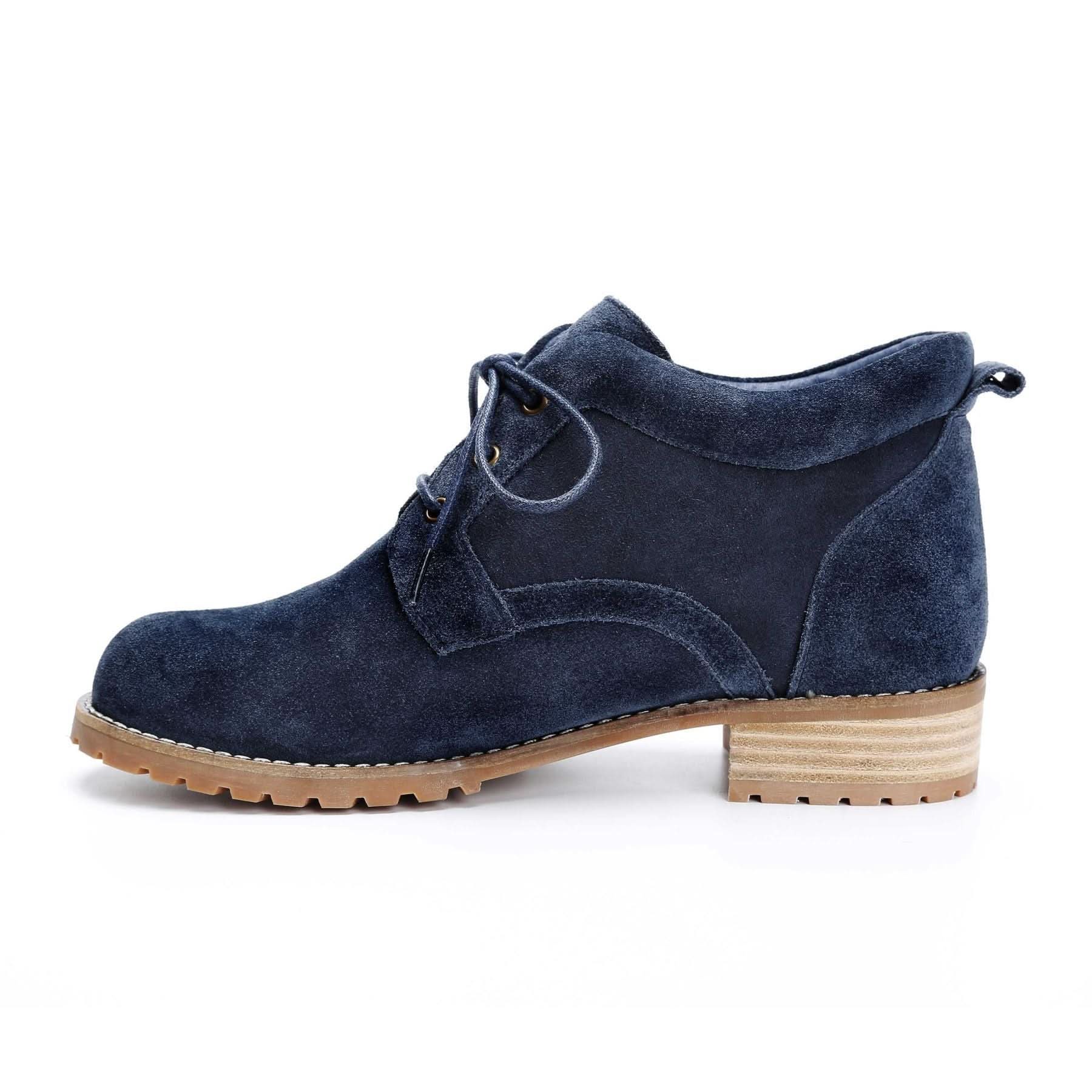 Navy suede lace-up ankle boot with chunky sole, side view. - Yellow Earth Australia