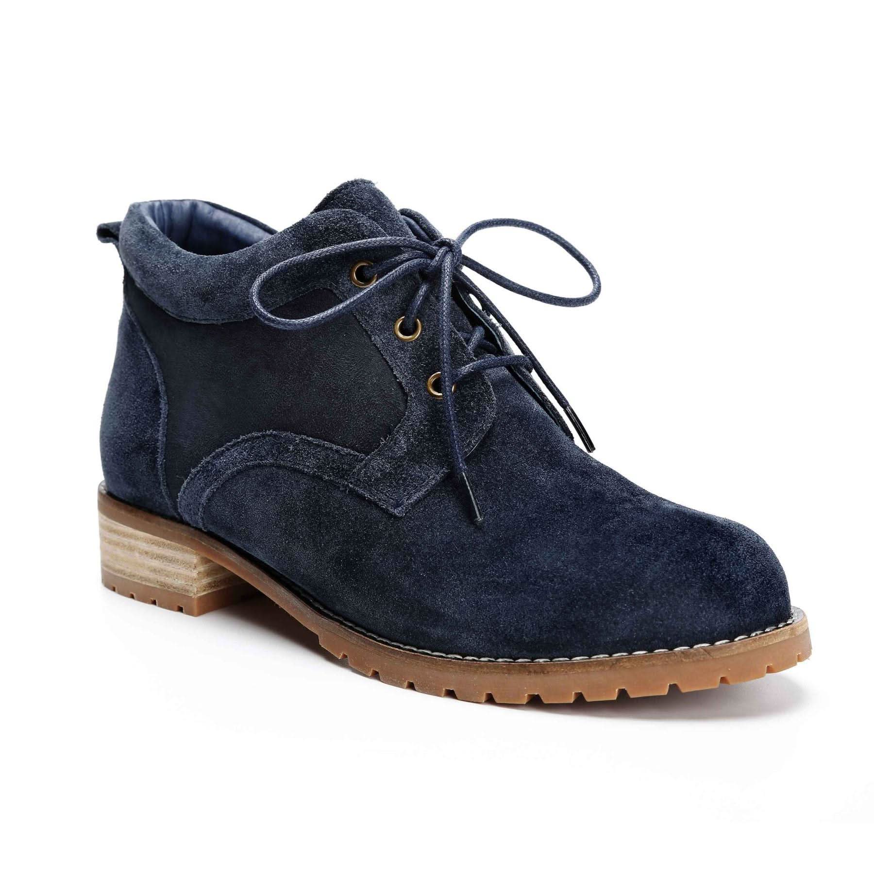 Navy suede lace-up ankle boot with chunky sole, side view. - Yellow Earth Australia