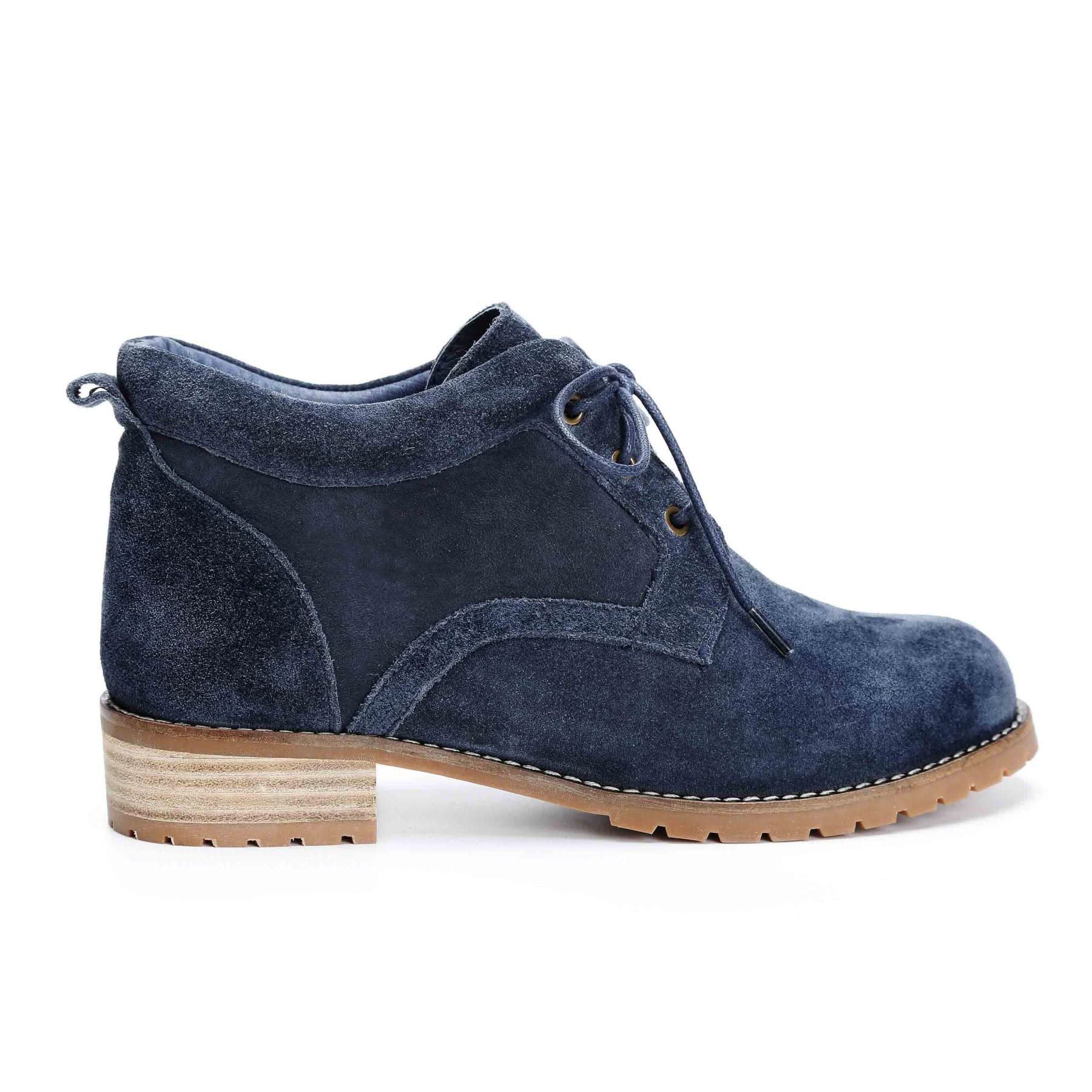 Navy suede lace-up ankle boot with chunky tan sole, side view. - Yellow Earth Australia