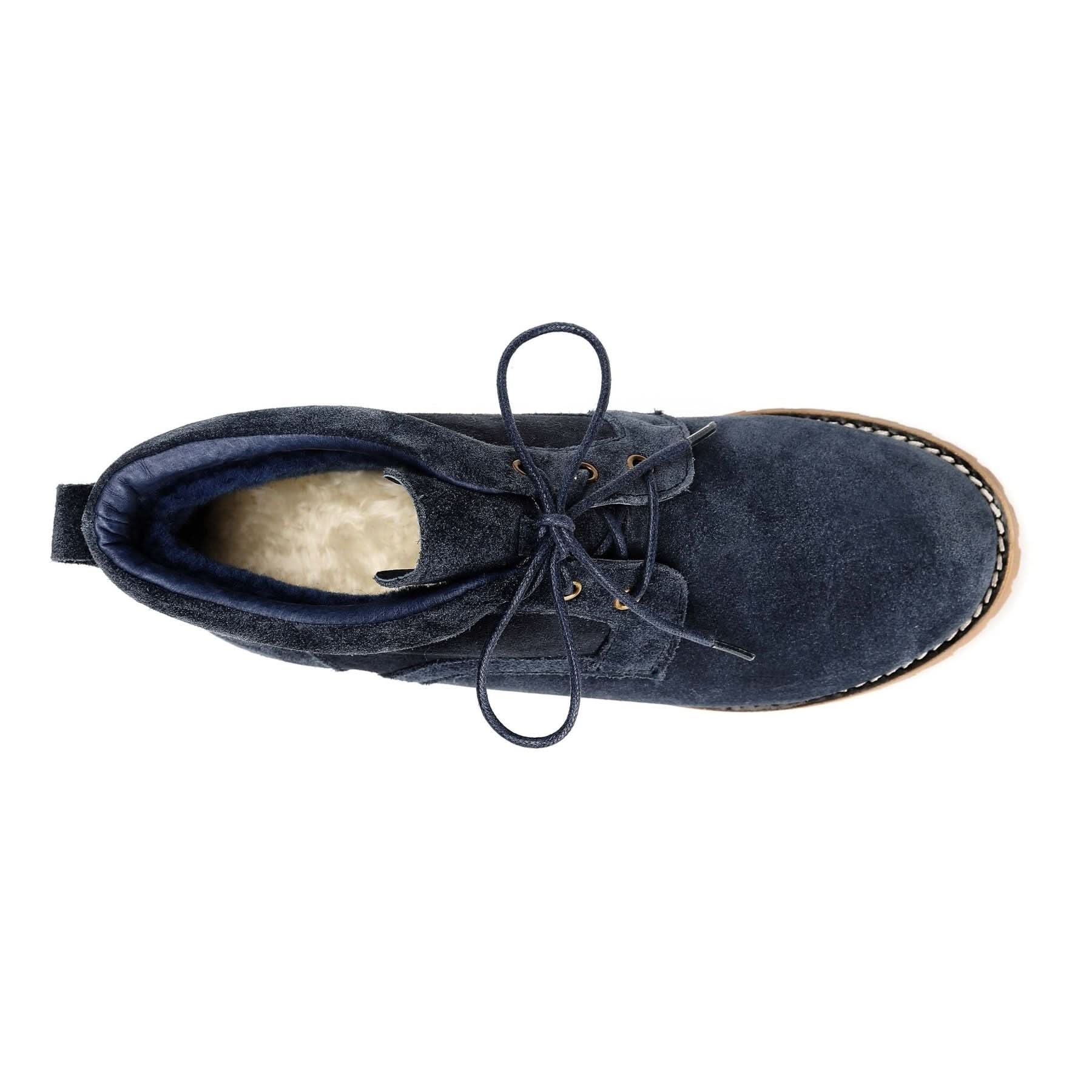 Navy suede sheepskin boot with cream wool lining, top-down view. - Yellow Earth Australia